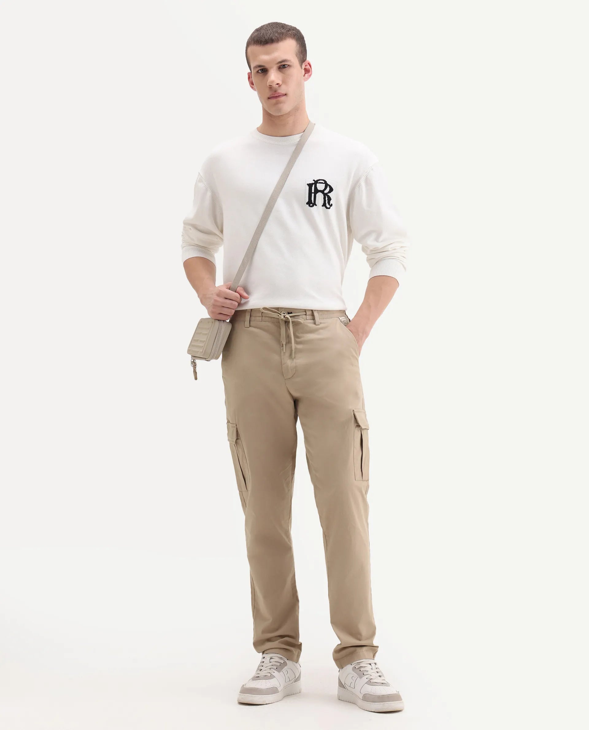 Rare Rabbit Men's Nobon Beige Cotton Plain Regular Fit Trouser