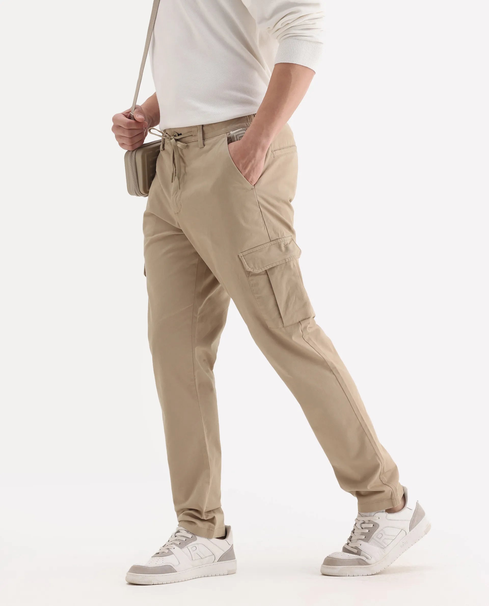 Rare Rabbit Men's Nobon Beige Cotton Plain Regular Fit Trouser