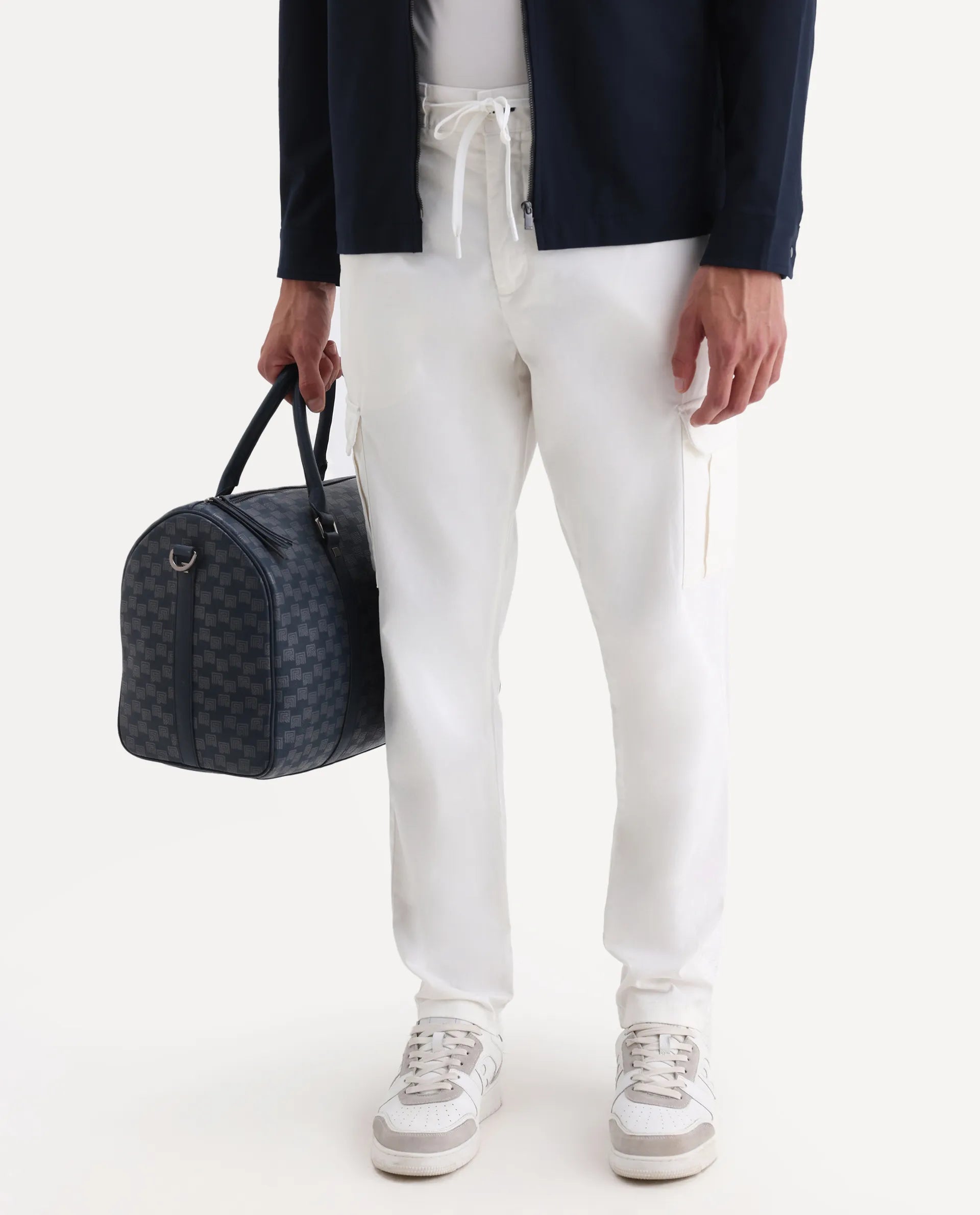 Rare Rabbit Men's Nobon White Cotton Plain Regular Fit Trouser