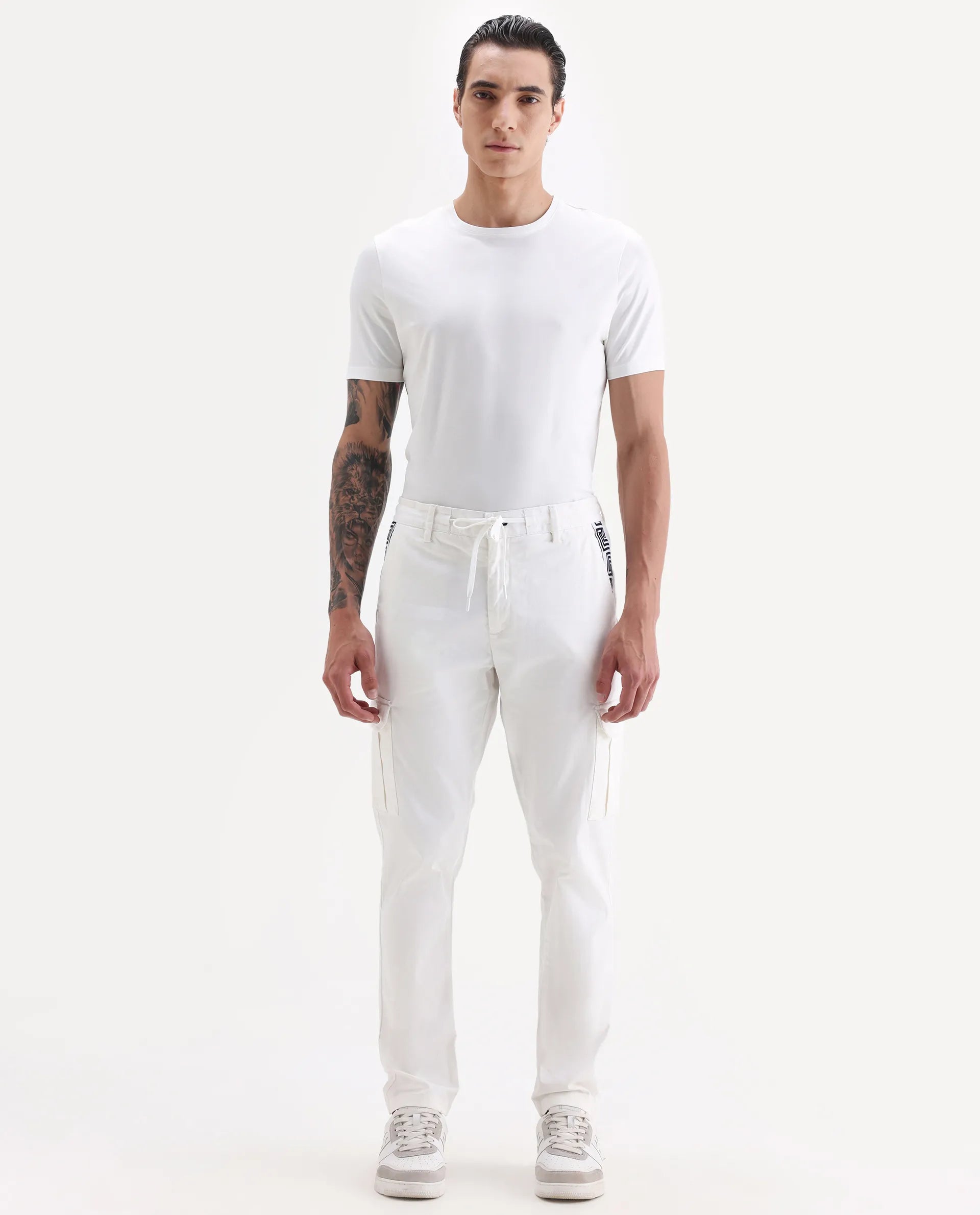 Rare Rabbit Men's Nobon White Cotton Plain Regular Fit Trouser