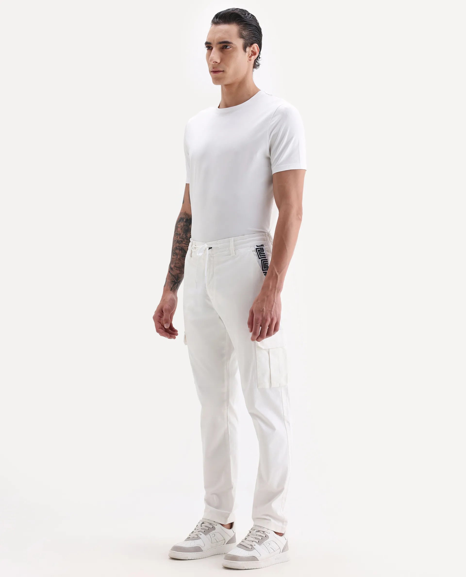 Rare Rabbit Men's Nobon White Cotton Plain Regular Fit Trouser