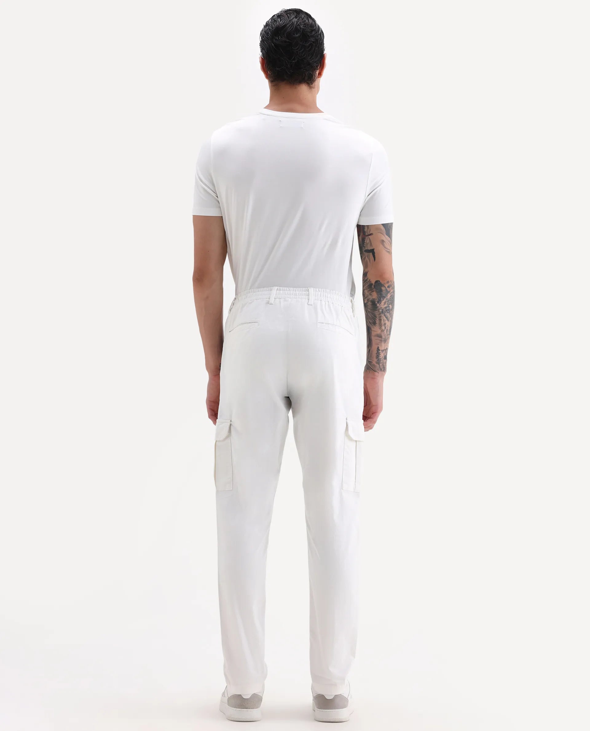 Rare Rabbit Men's Nobon White Cotton Plain Regular Fit Trouser