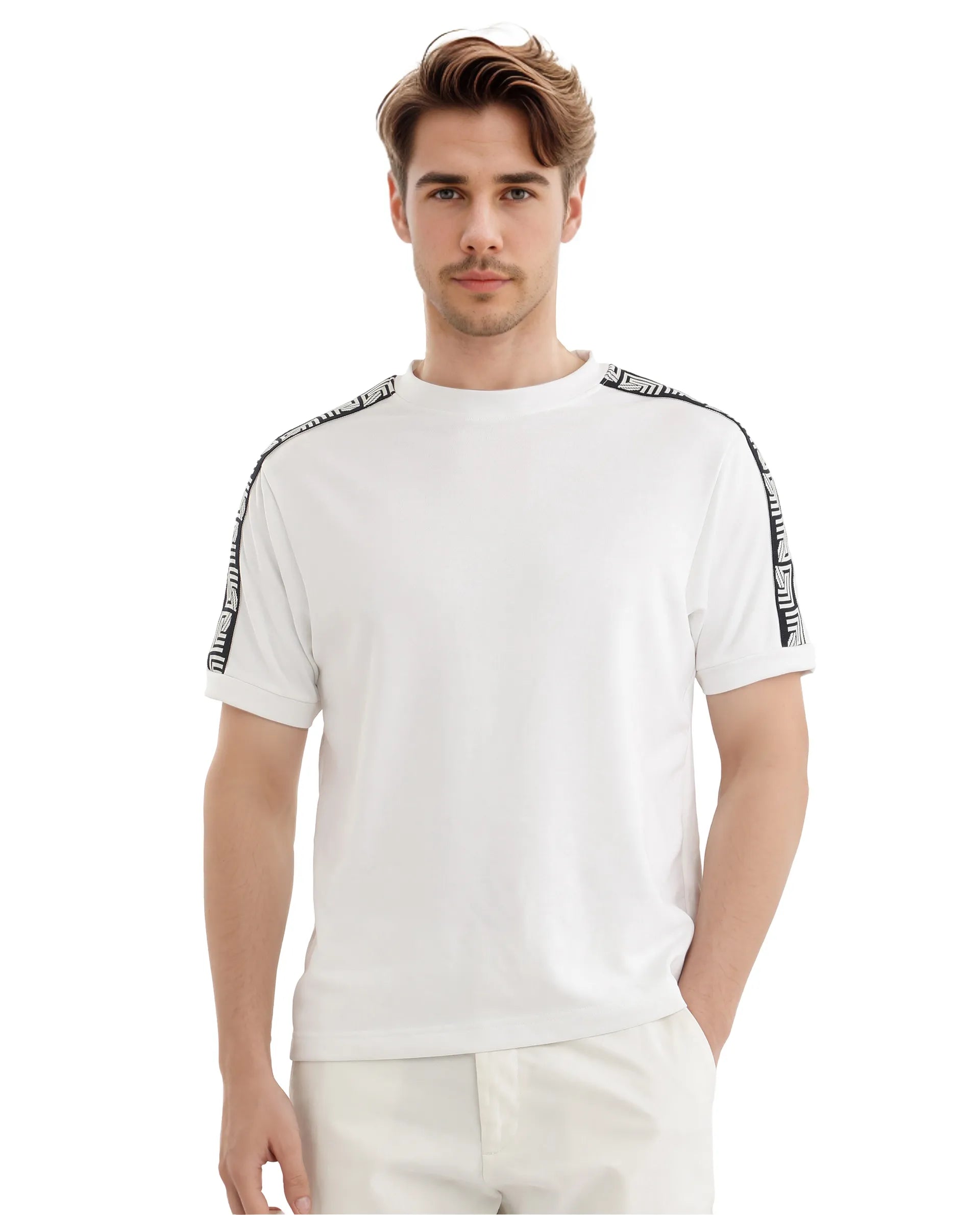 Rare Rabbit Men Nobo White Short Sleeve Crew Neck Oversized Fit Monogram Tape T-Shirt