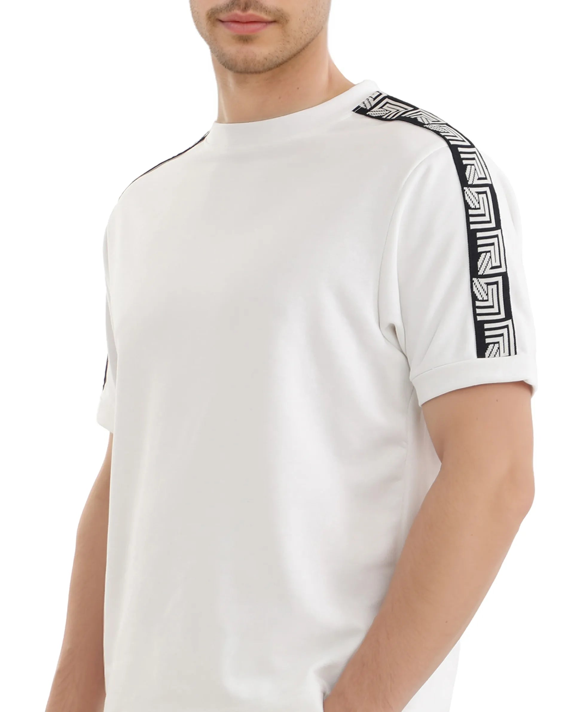 Rare Rabbit Men Nobo White Short Sleeve Crew Neck Oversized Fit Monogram Tape T-Shirt