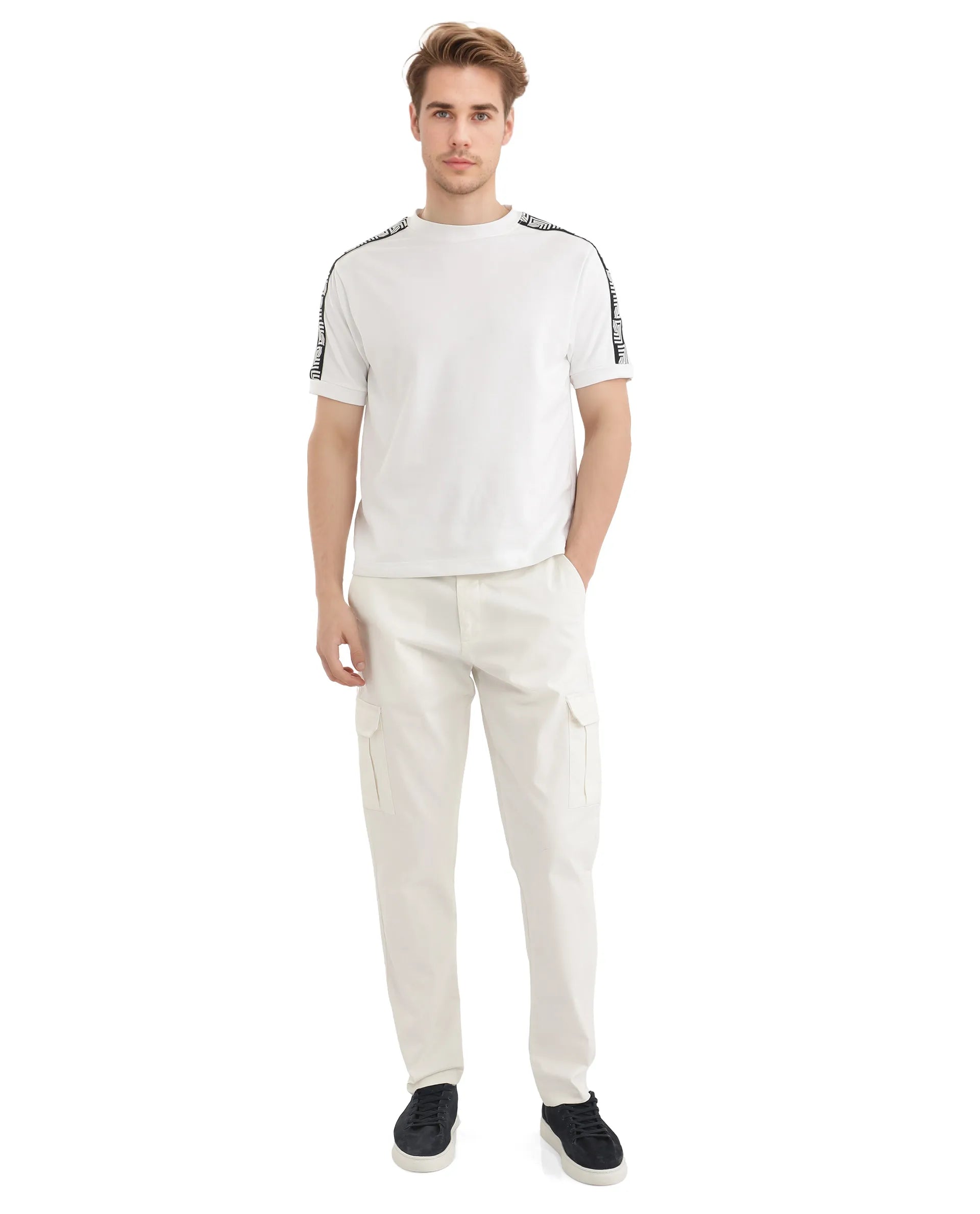 Rare Rabbit Men Nobo White Short Sleeve Crew Neck Oversized Fit Monogram Tape T-Shirt