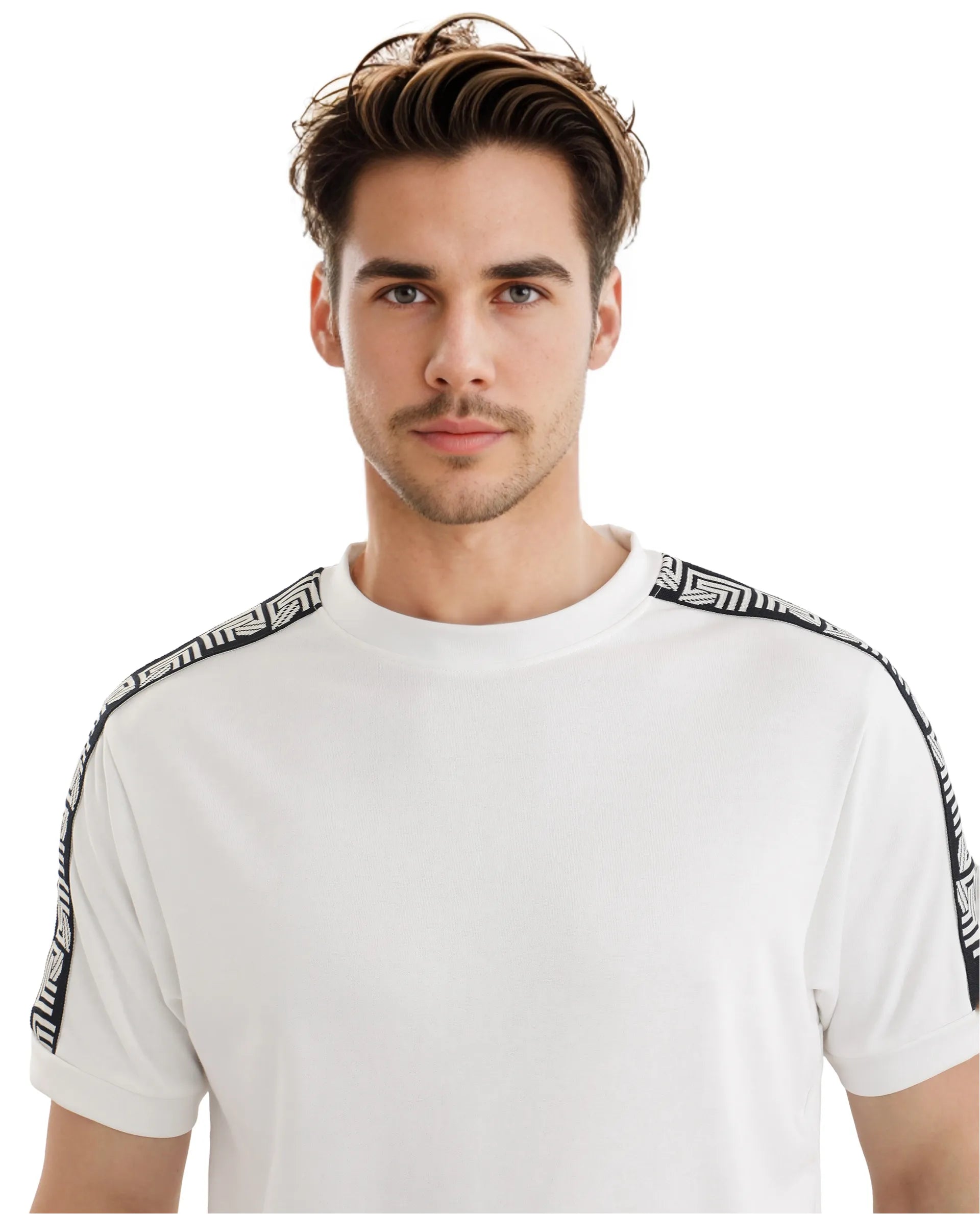 Rare Rabbit Men Nobo White Short Sleeve Crew Neck Oversized Fit Monogram Tape T-Shirt