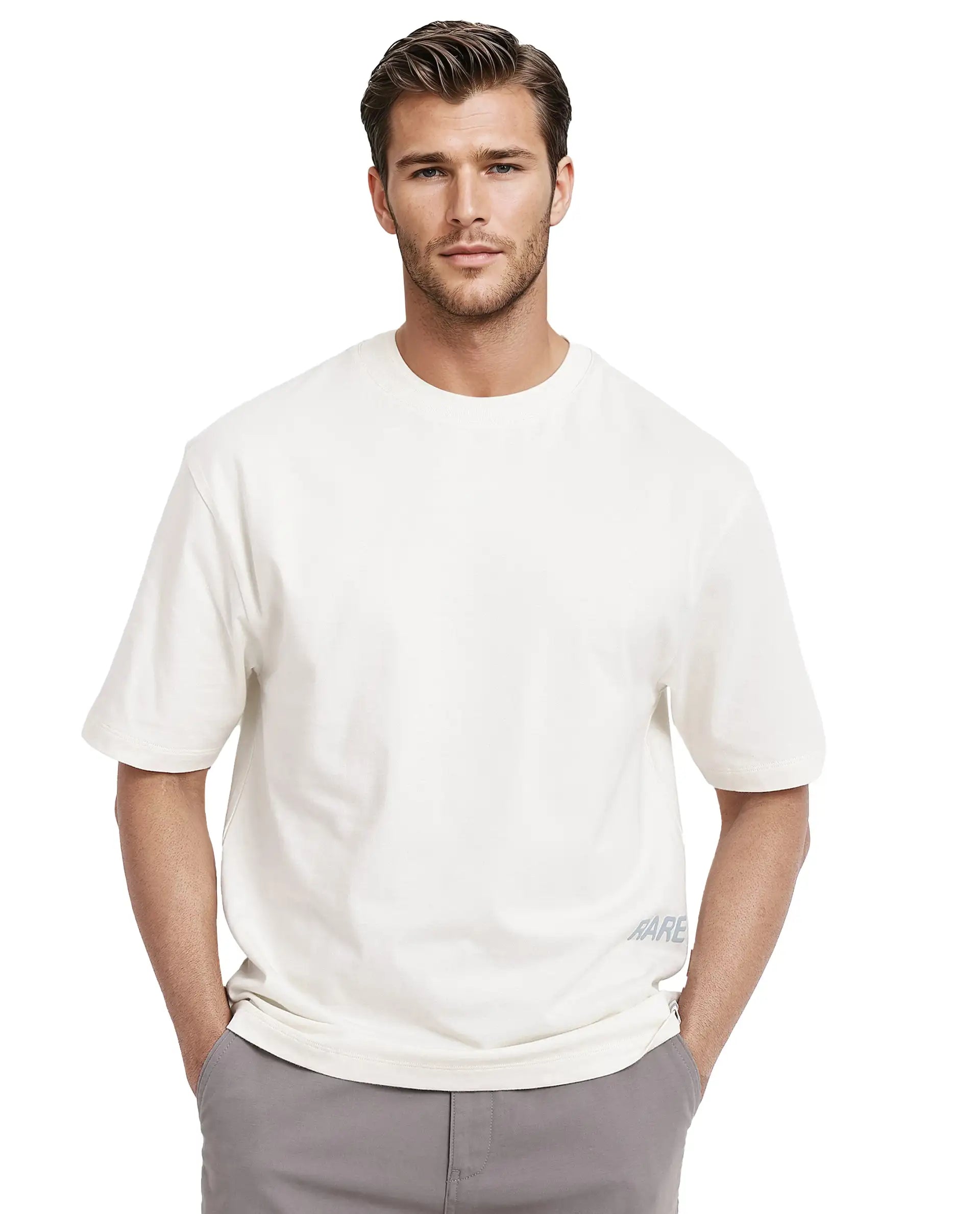 Rare Rabbit Men Nobs Off White Short Sleeve Crew Neck Oversized Fit Graphic Print T-Shirt