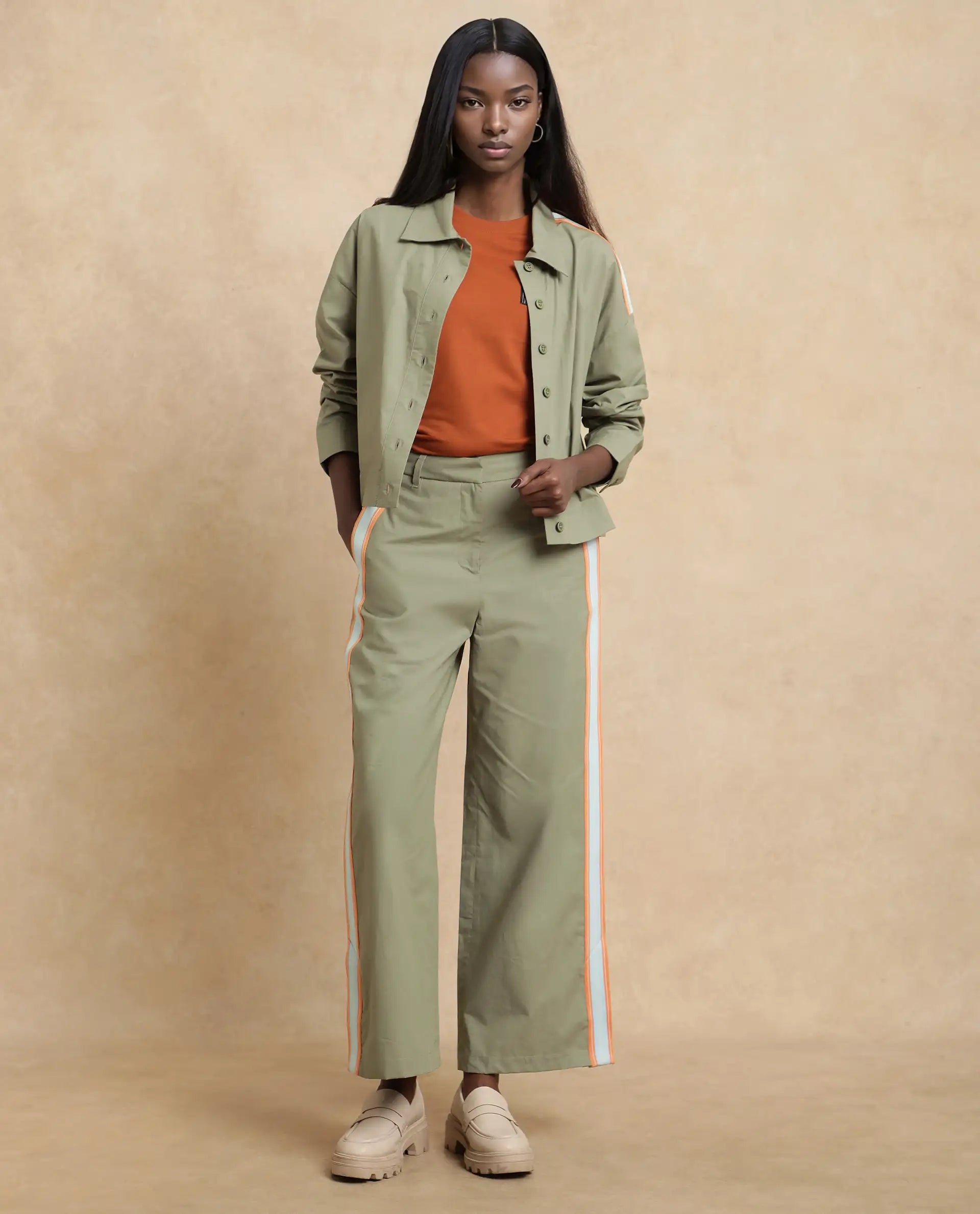 Rareism Women's Nocam B Dusky Green Cotton Plain Ankle Length Wide Trouser