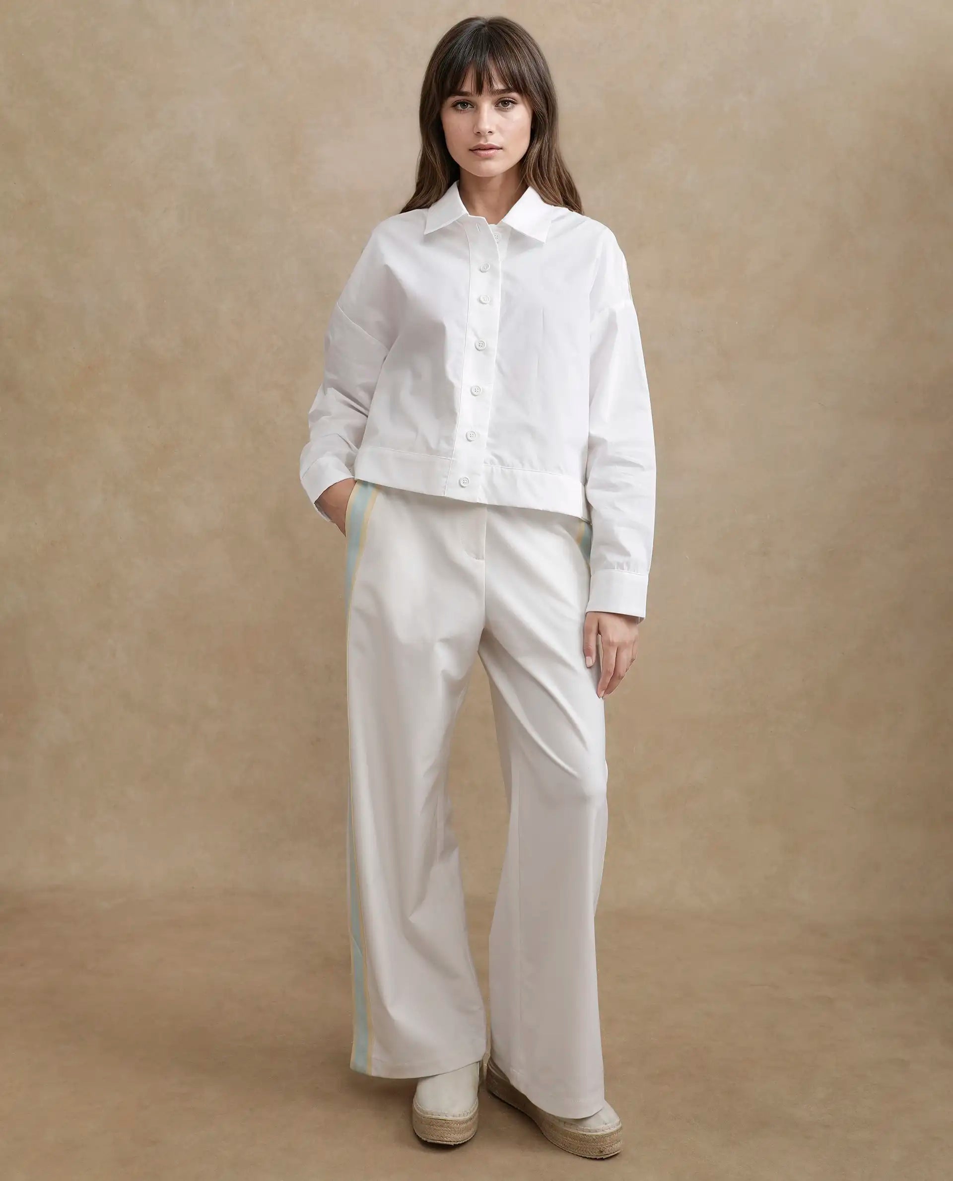 Rareism Women's Nocam S Off White Cotton Spread Collar Plain Cuffed Sleeve Relaxed Fit Shirt