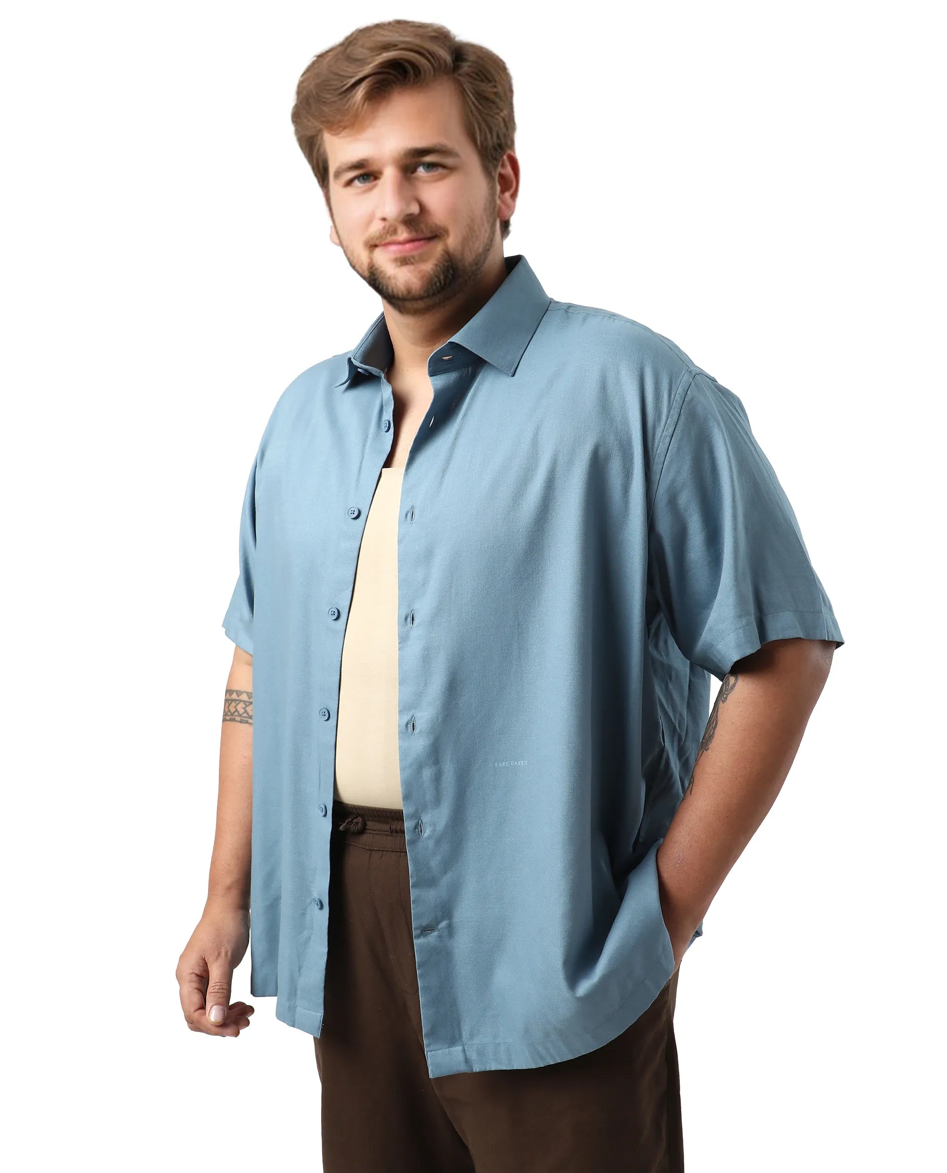 Rare Rabbit Men's Noel Big Light Petrol Cotton Fabric Short Sleeve Collared Neck Button Closure Plain Shirt