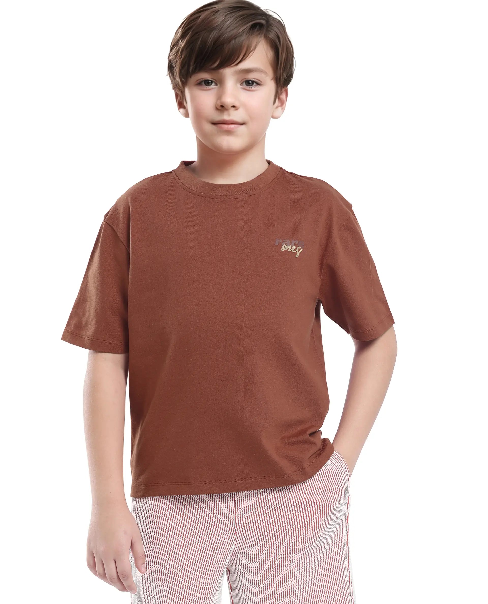 Rare Ones Kids Nolan Rust Cotton Printed Slip-On Oversized Fit T-Shirt