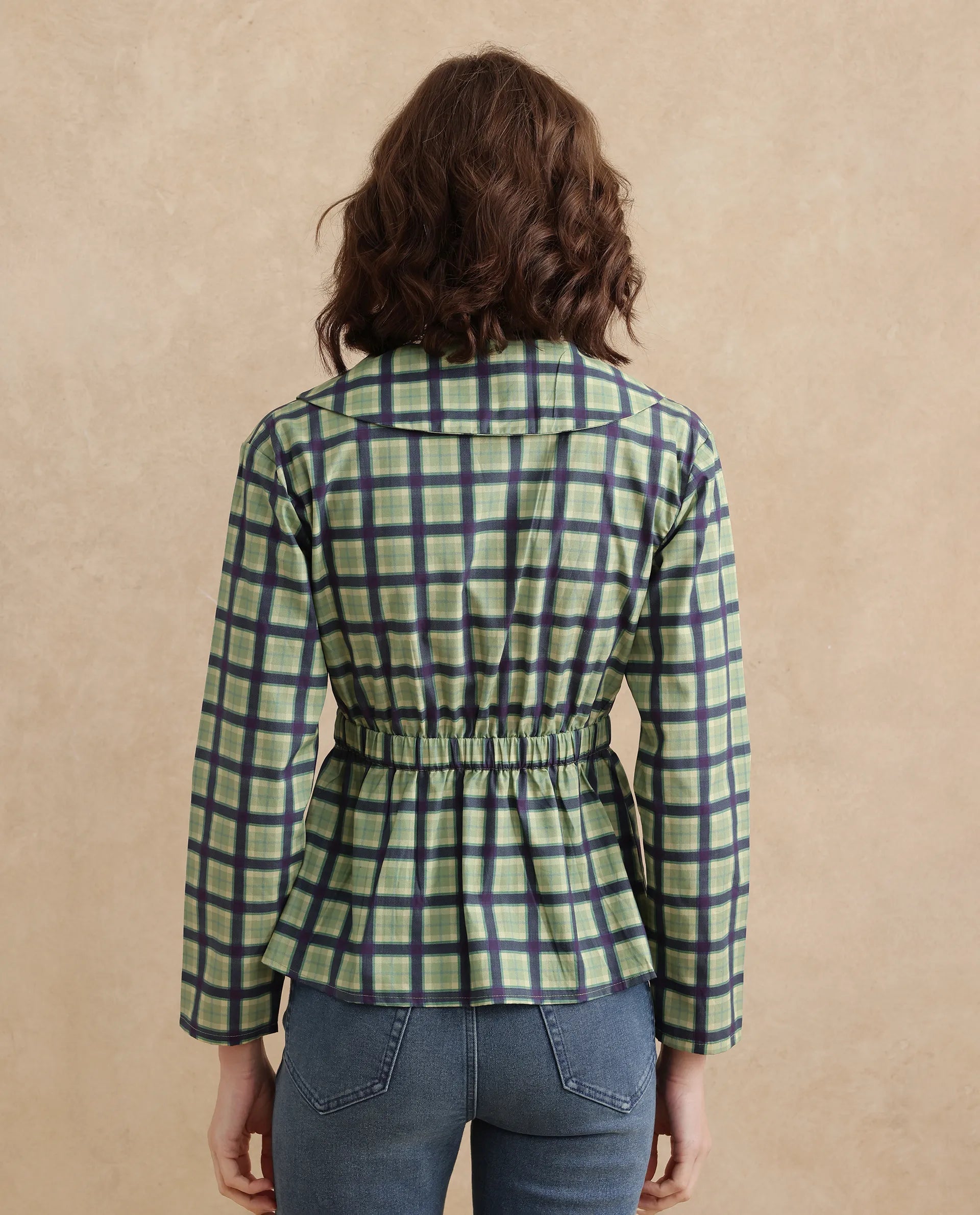 Rareism Women Nolopo Olive Poplin Fabric Full Sleeves Lapel Neck Button Closure Flannel Print Top