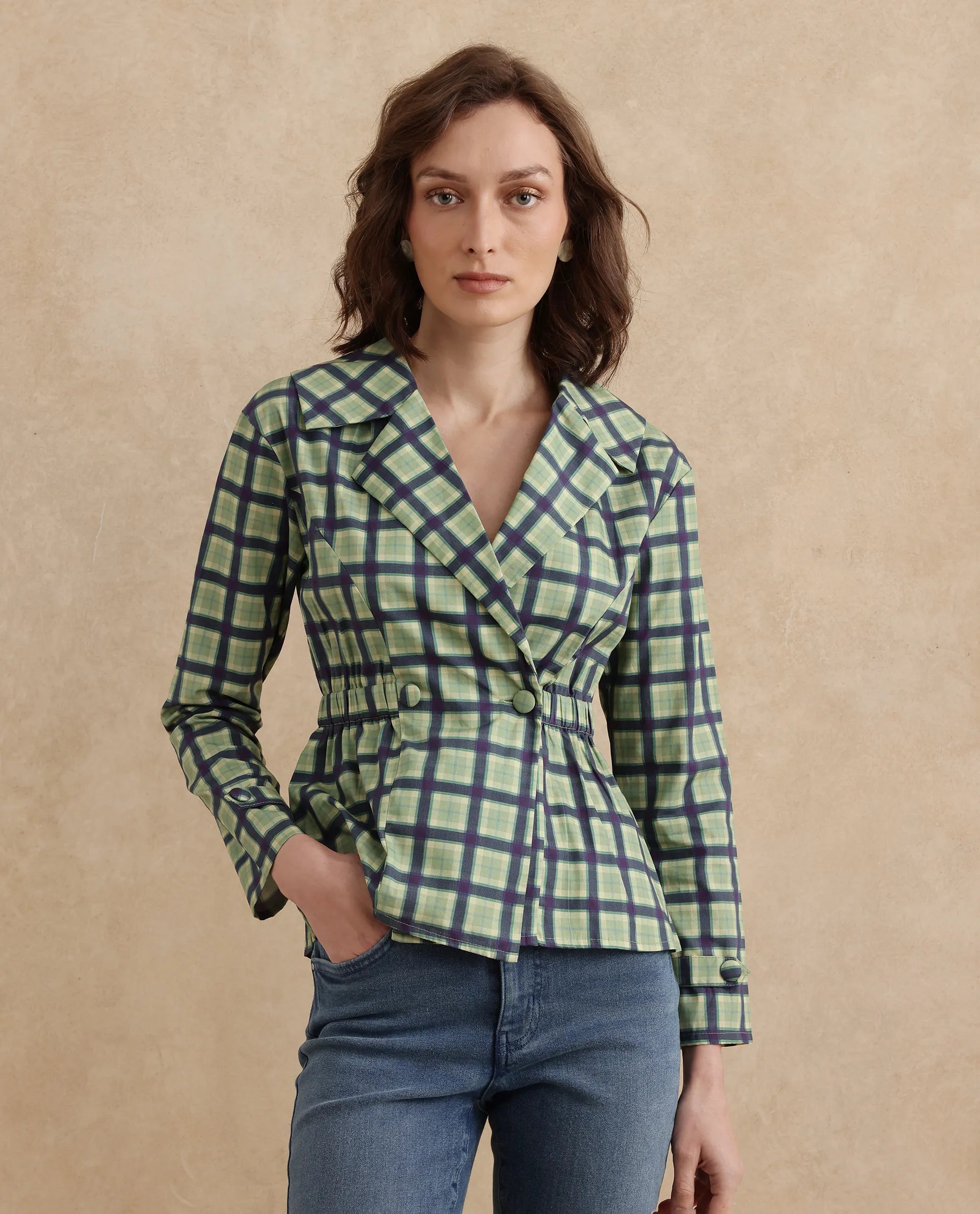 Rareism Women Nolopo Olive Poplin Fabric Full Sleeves Lapel Neck Button Closure Flannel Print Top