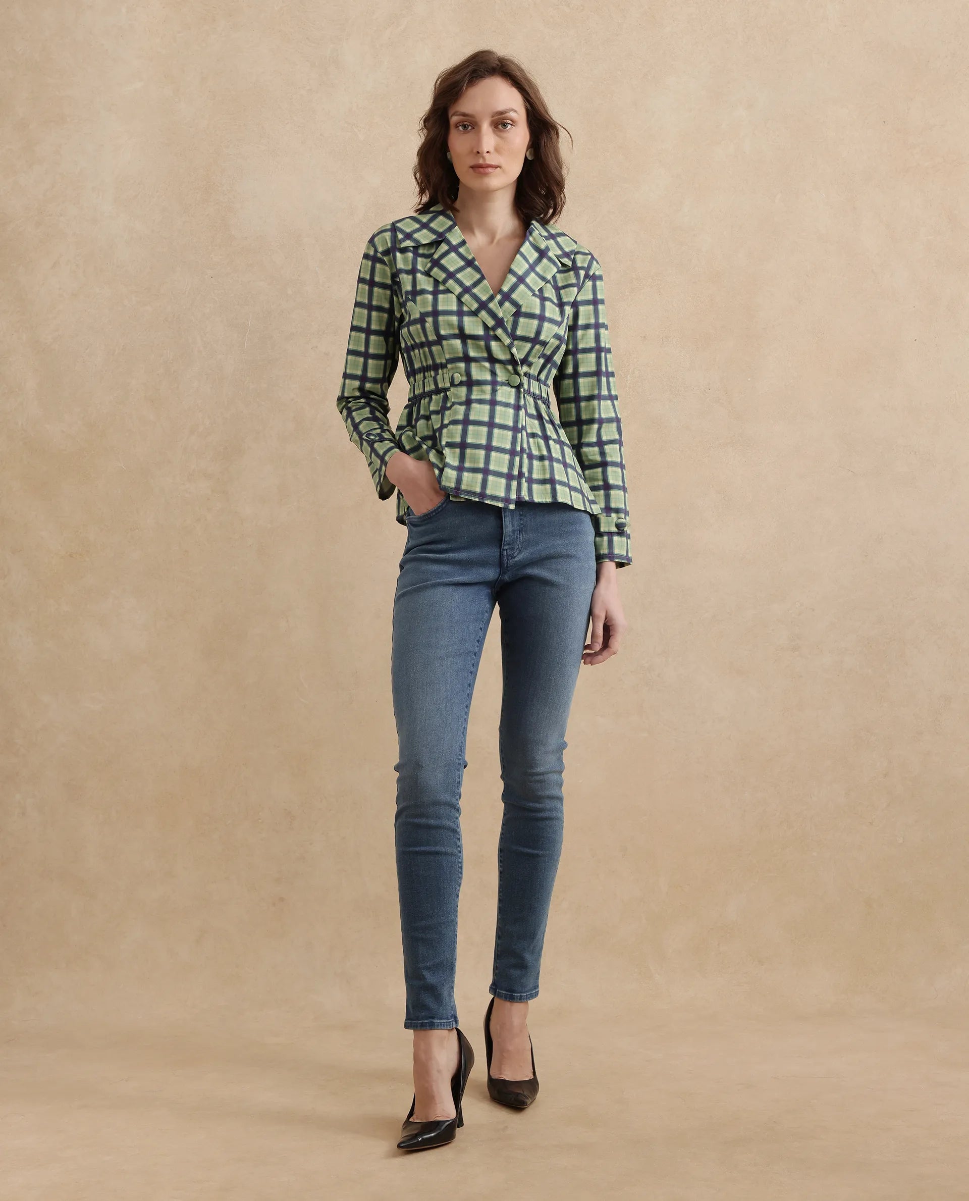 Rareism Women Nolopo Olive Poplin Fabric Full Sleeves Lapel Neck Button Closure Flannel Print Top