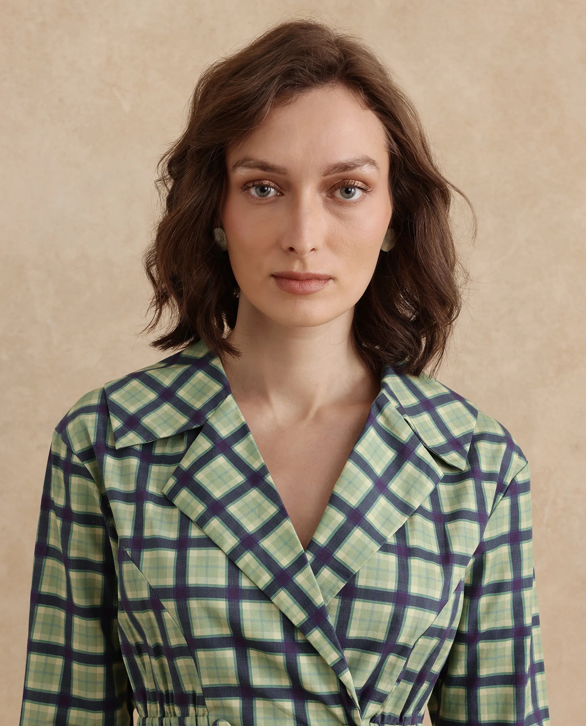 Rareism Women Nolopo Olive Poplin Fabric Full Sleeves Lapel Neck Button Closure Flannel Print Top