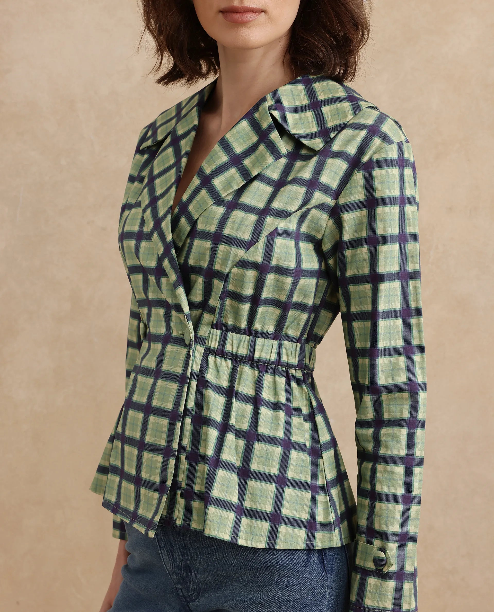 Rareism Women Nolopo Olive Poplin Fabric Full Sleeves Lapel Neck Button Closure Flannel Print Top