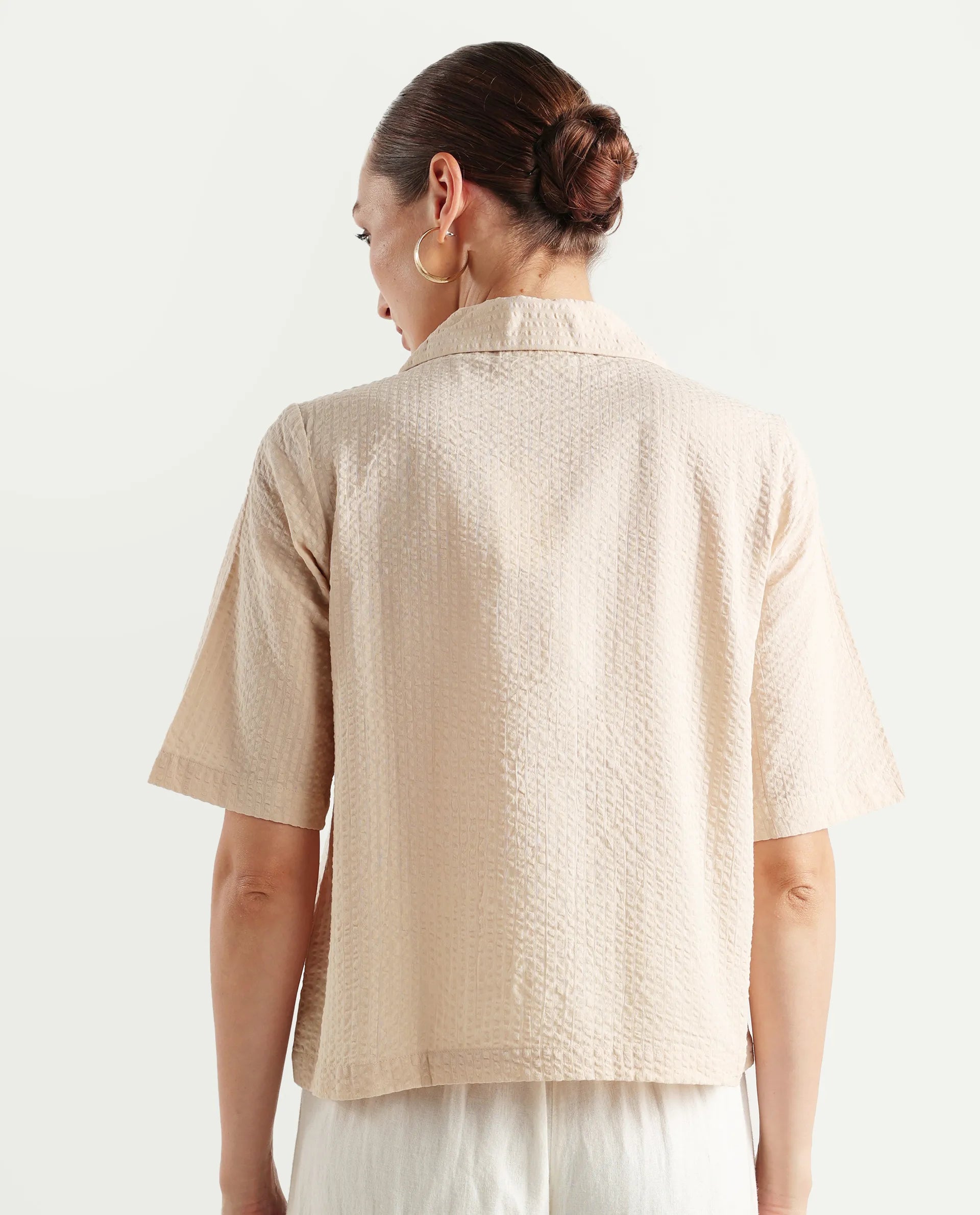 Rareism Women's Nomiki Beige Cotton Spread Collar Plain Extended Sleeves Regular Fit Top