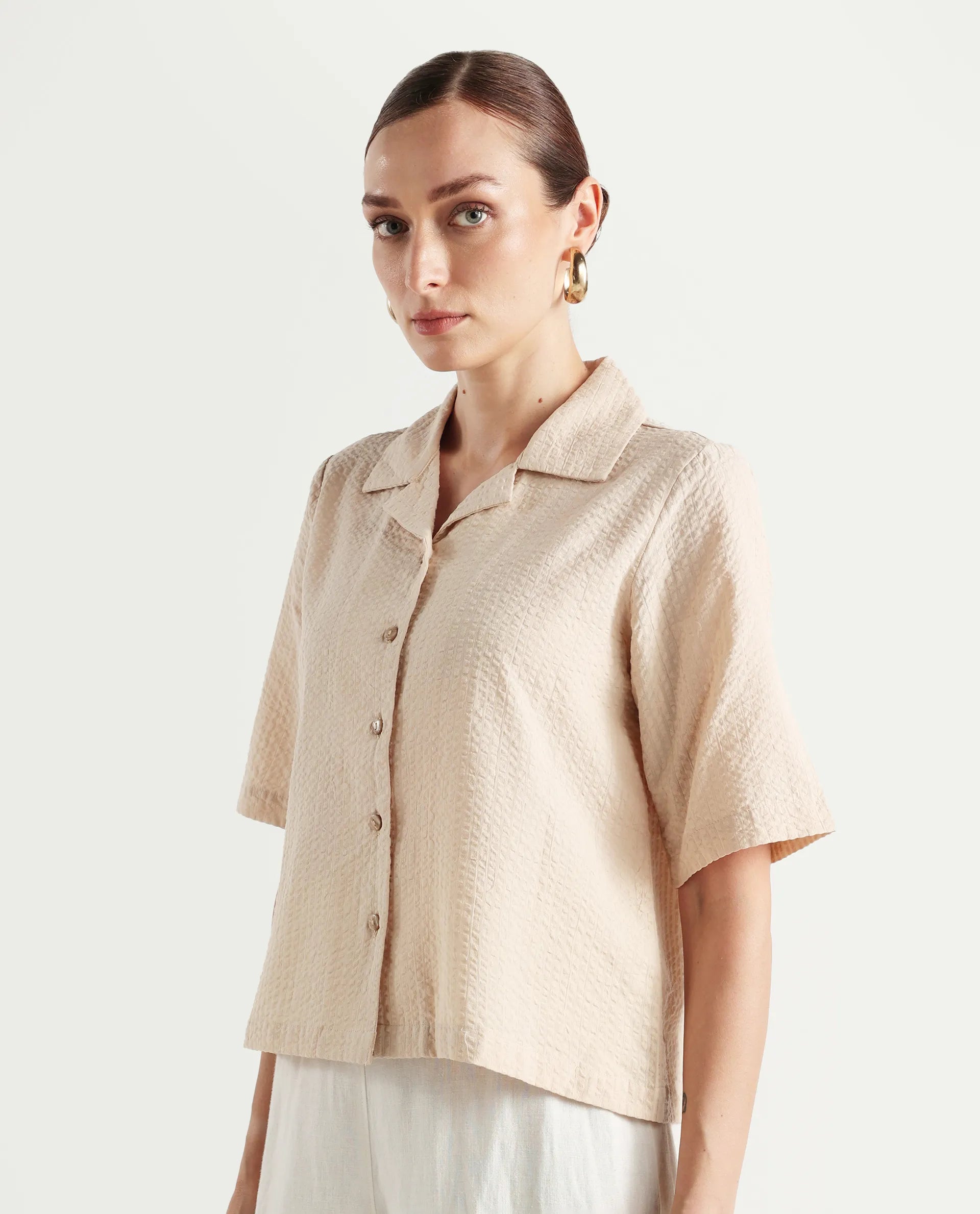 Rareism Women's Nomiki Beige Cotton Spread Collar Plain Extended Sleeves Regular Fit Top