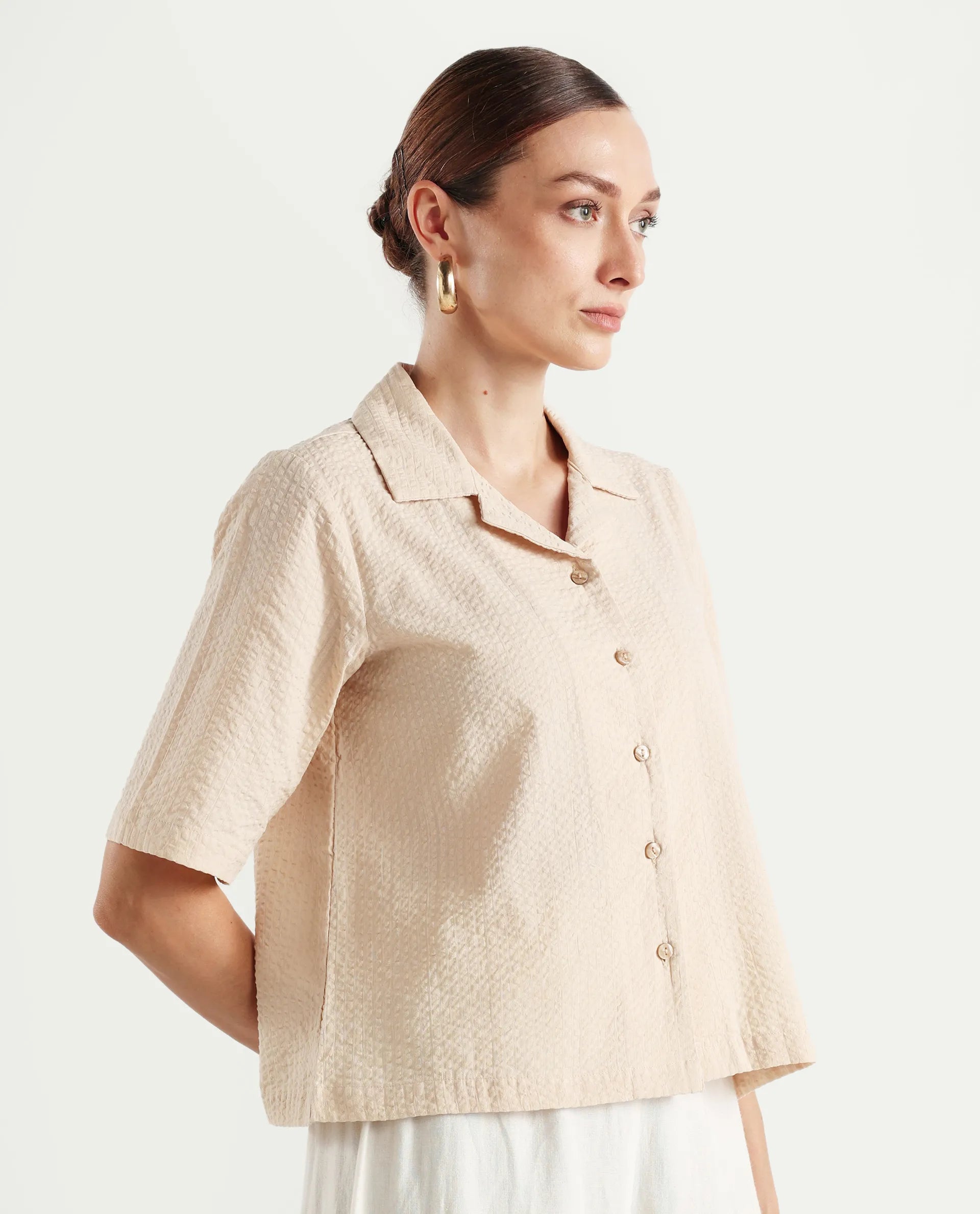 Rareism Women's Nomiki Beige Cotton Spread Collar Plain Extended Sleeves Regular Fit Top