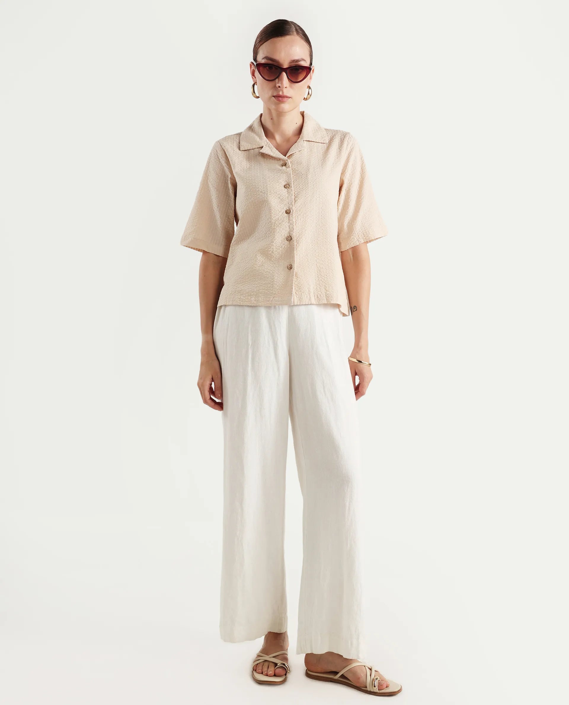 Rareism Women's Nomiki Beige Cotton Spread Collar Plain Extended Sleeves Regular Fit Top