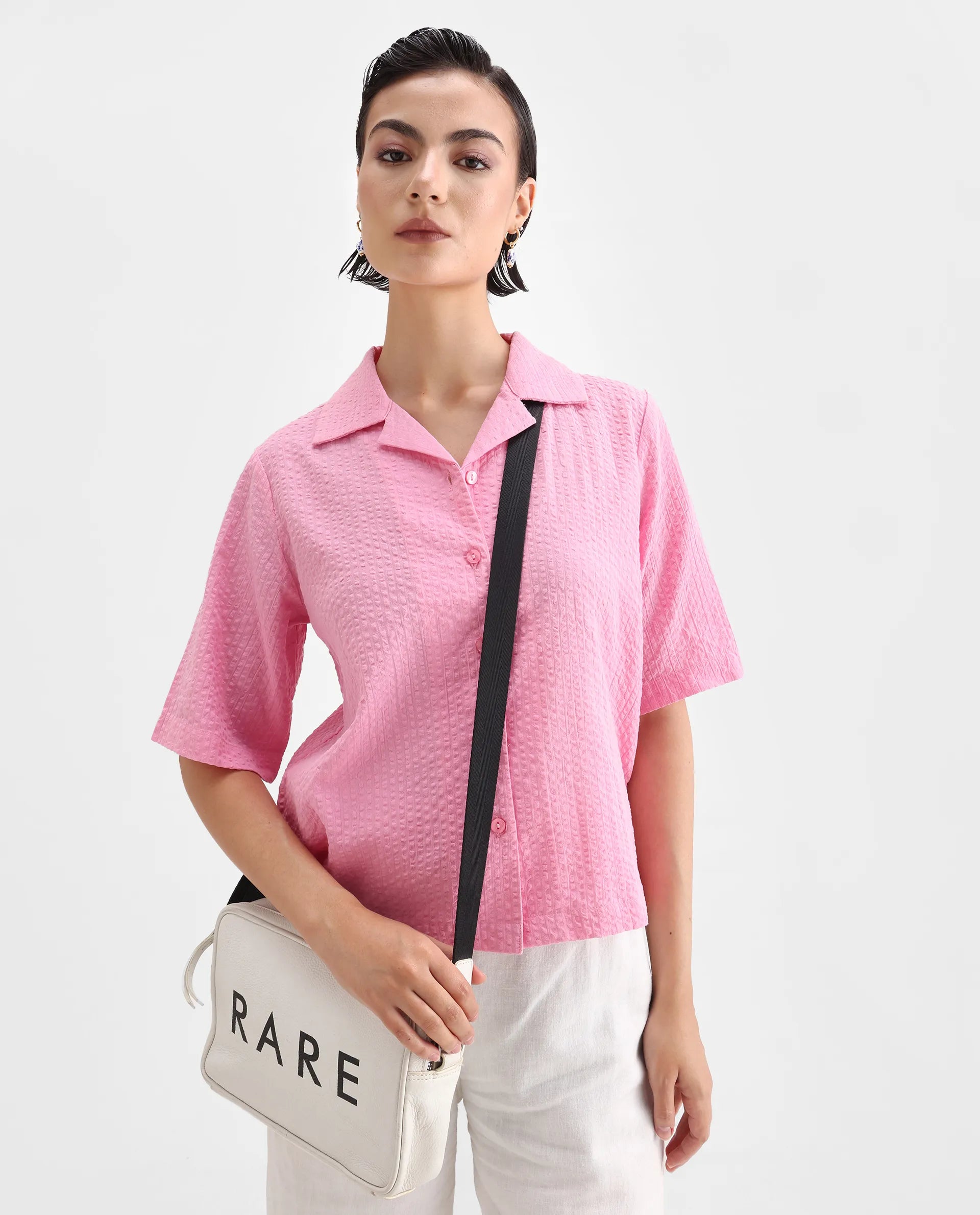 Rareism Women's Nomiki Pink Cotton Lapel Neck Plain Regular Fit Top