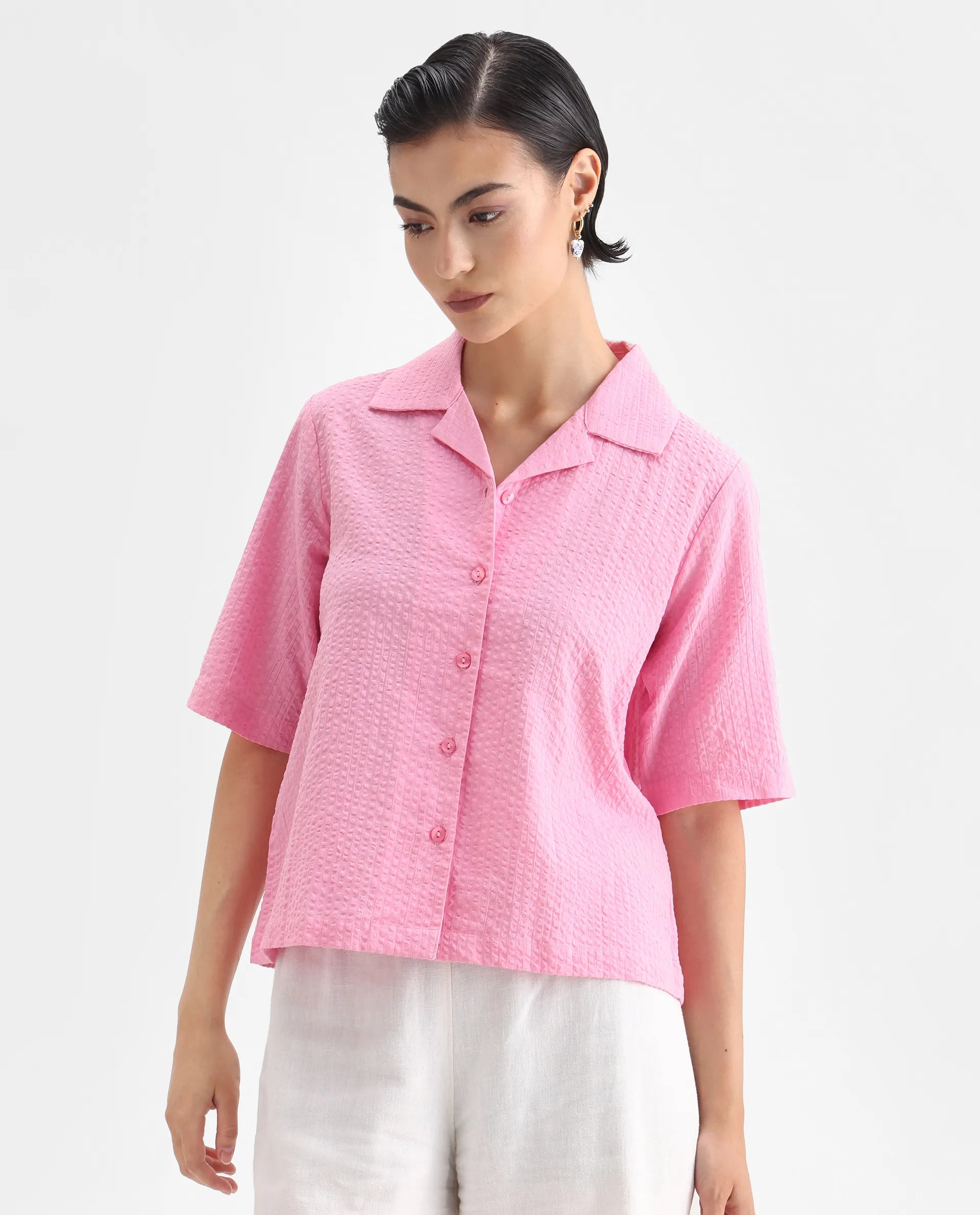 Rareism Women's Nomiki Pink Cotton Lapel Neck Plain Regular Fit Top