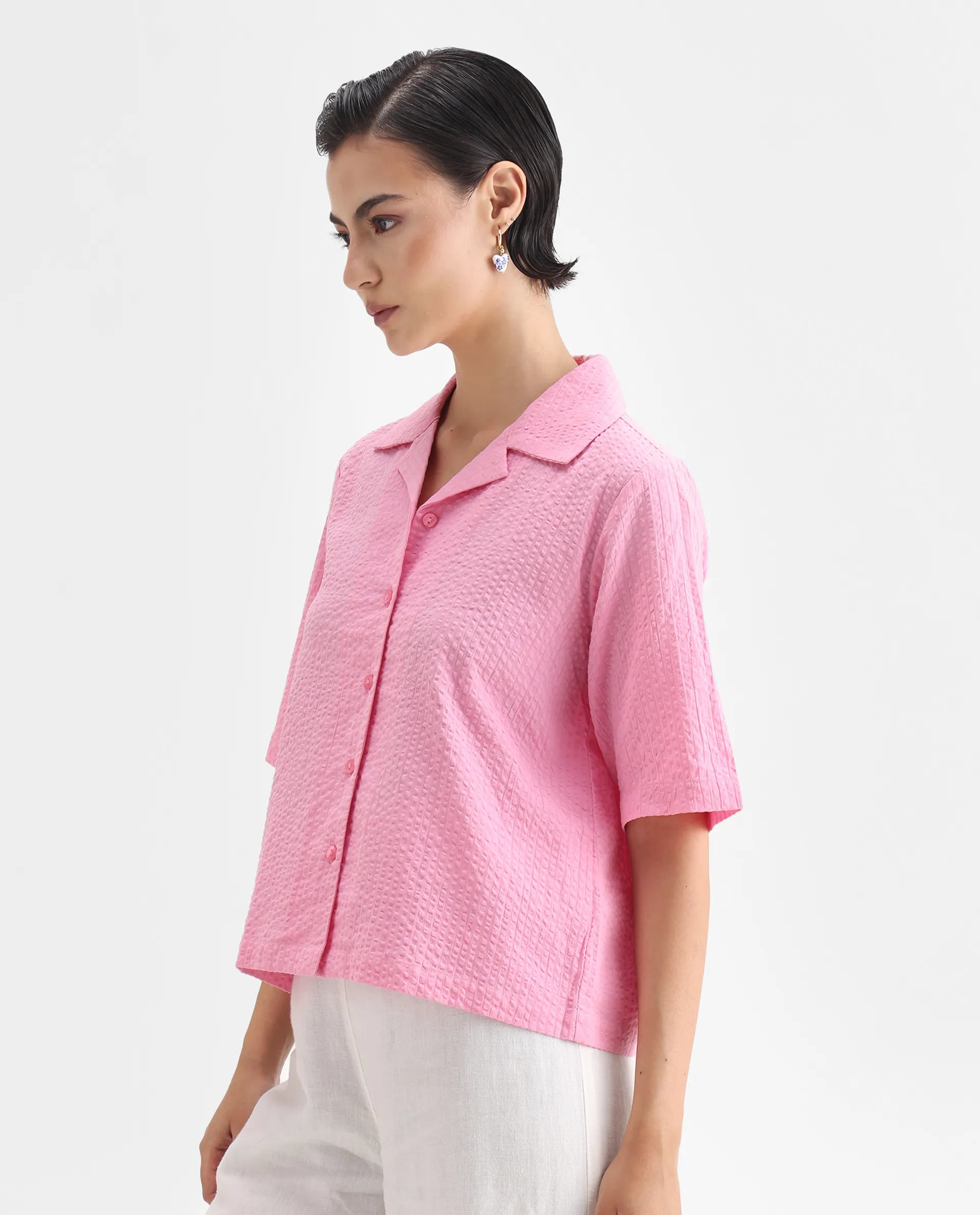 Rareism Women's Nomiki Pink Cotton Lapel Neck Plain Regular Fit Top