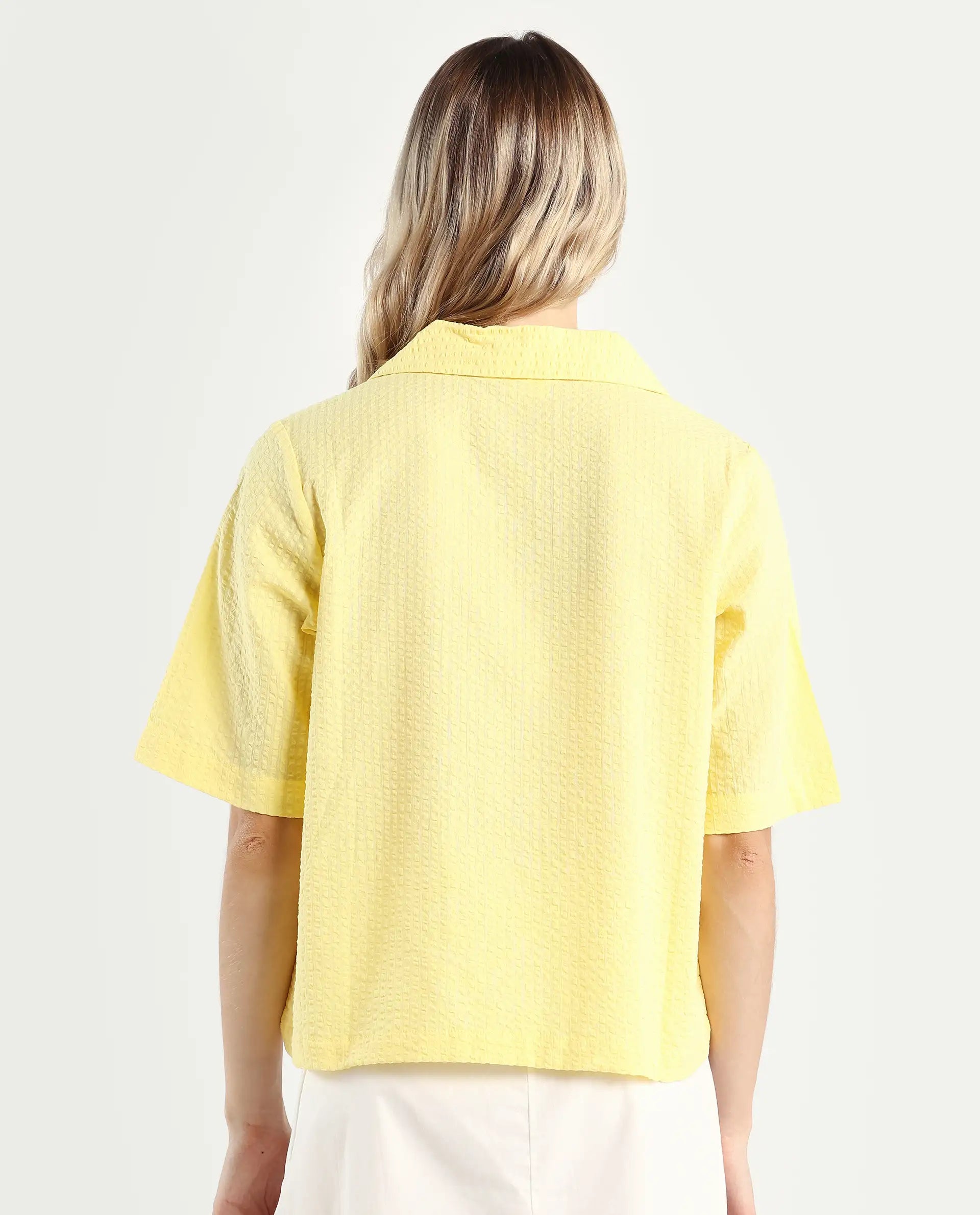 Rareism Women's Nomiki Yellow Cotton Lapel Neck Plain Regular Fit Top