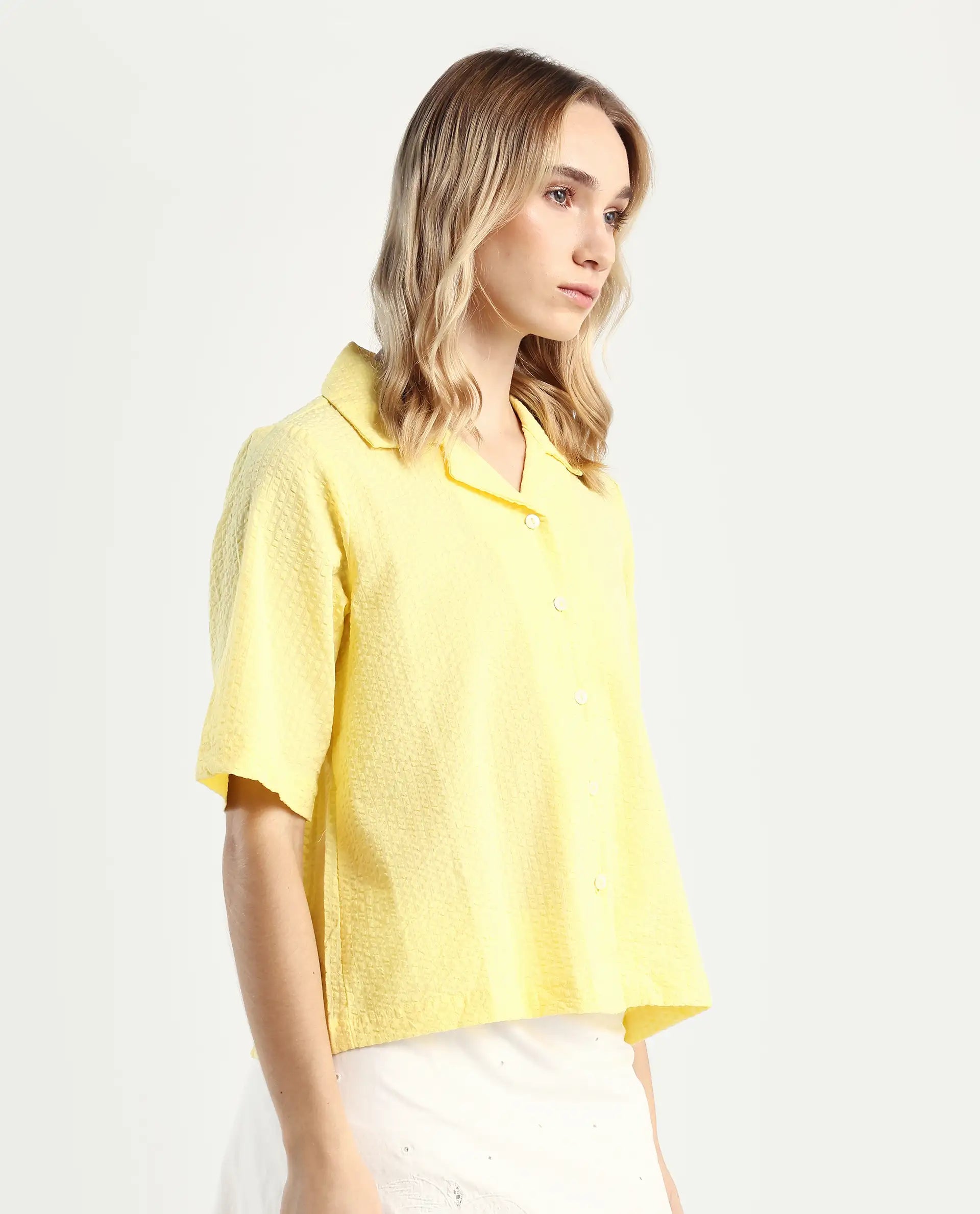 Rareism Women's Nomiki Yellow Cotton Lapel Neck Plain Regular Fit Top