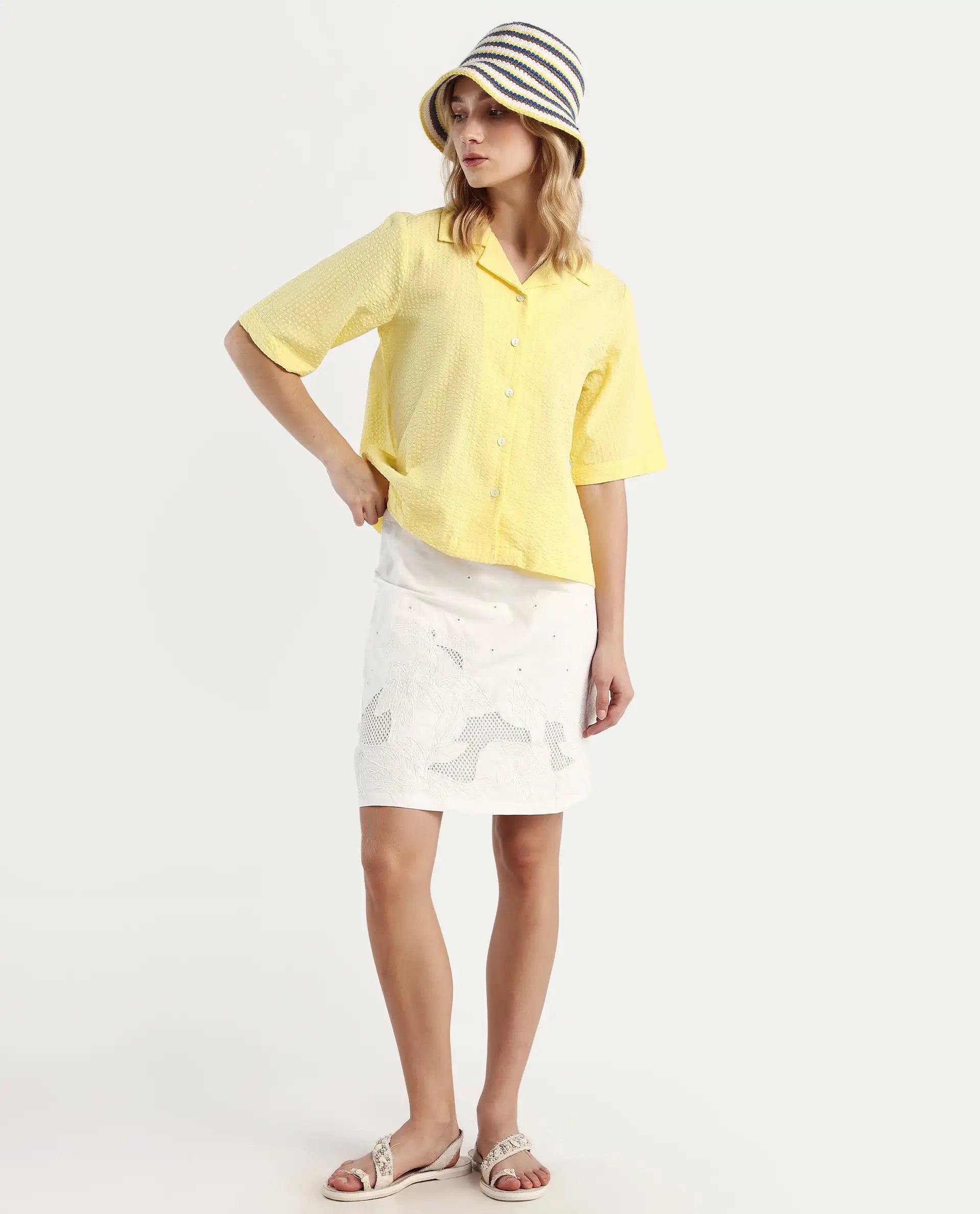 Rareism Women's Nomiki Yellow Cotton Lapel Neck Plain Regular Fit Top