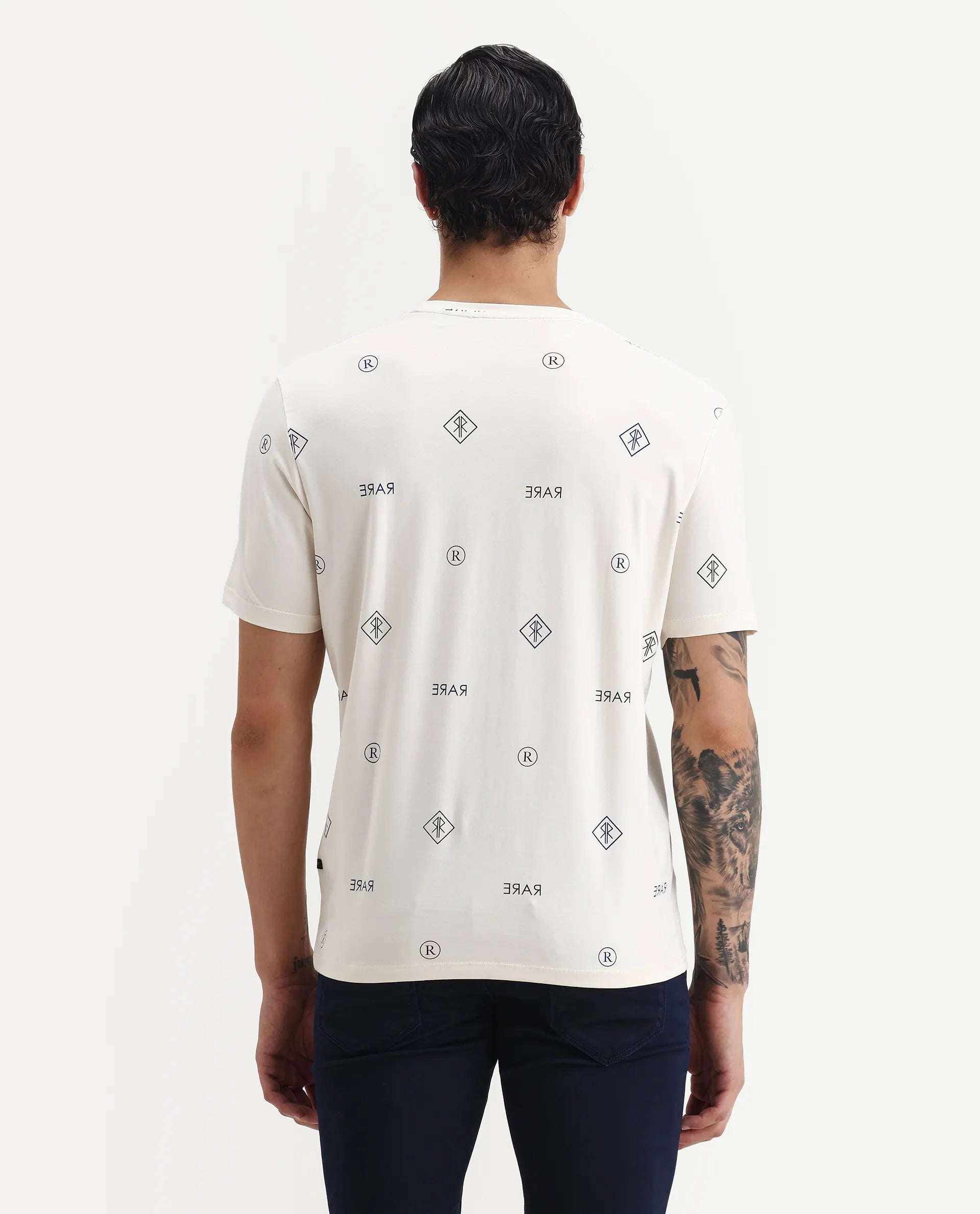 Rare Rabbit Men's Nomo Beige Cotton Blend Monogram Print Regular Fit Half Sleeve Crew Neck T-Shirt