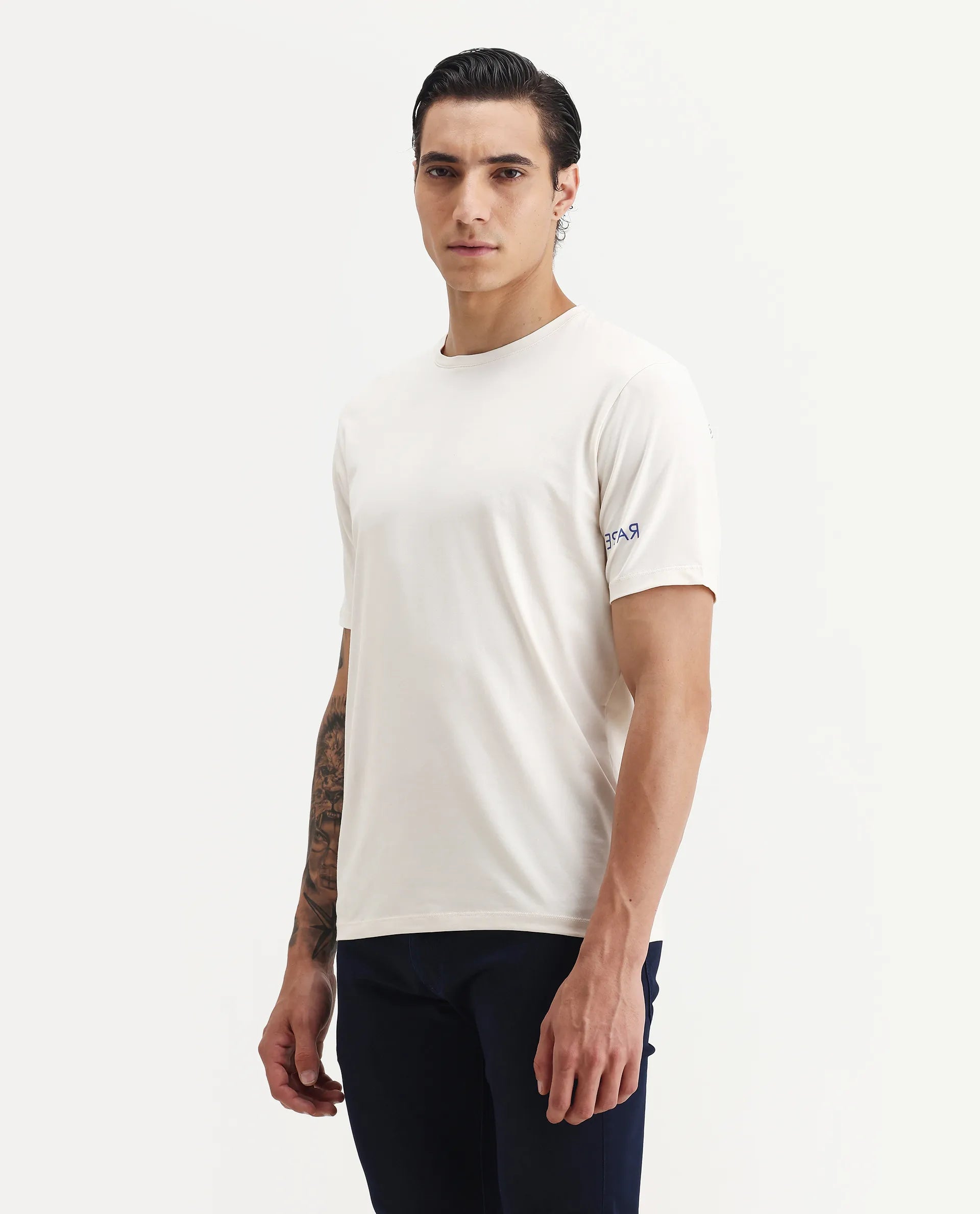 Rare Rabbit Men's Nomo Beige Cotton Blend Monogram Print Regular Fit Half Sleeve Crew Neck T-Shirt