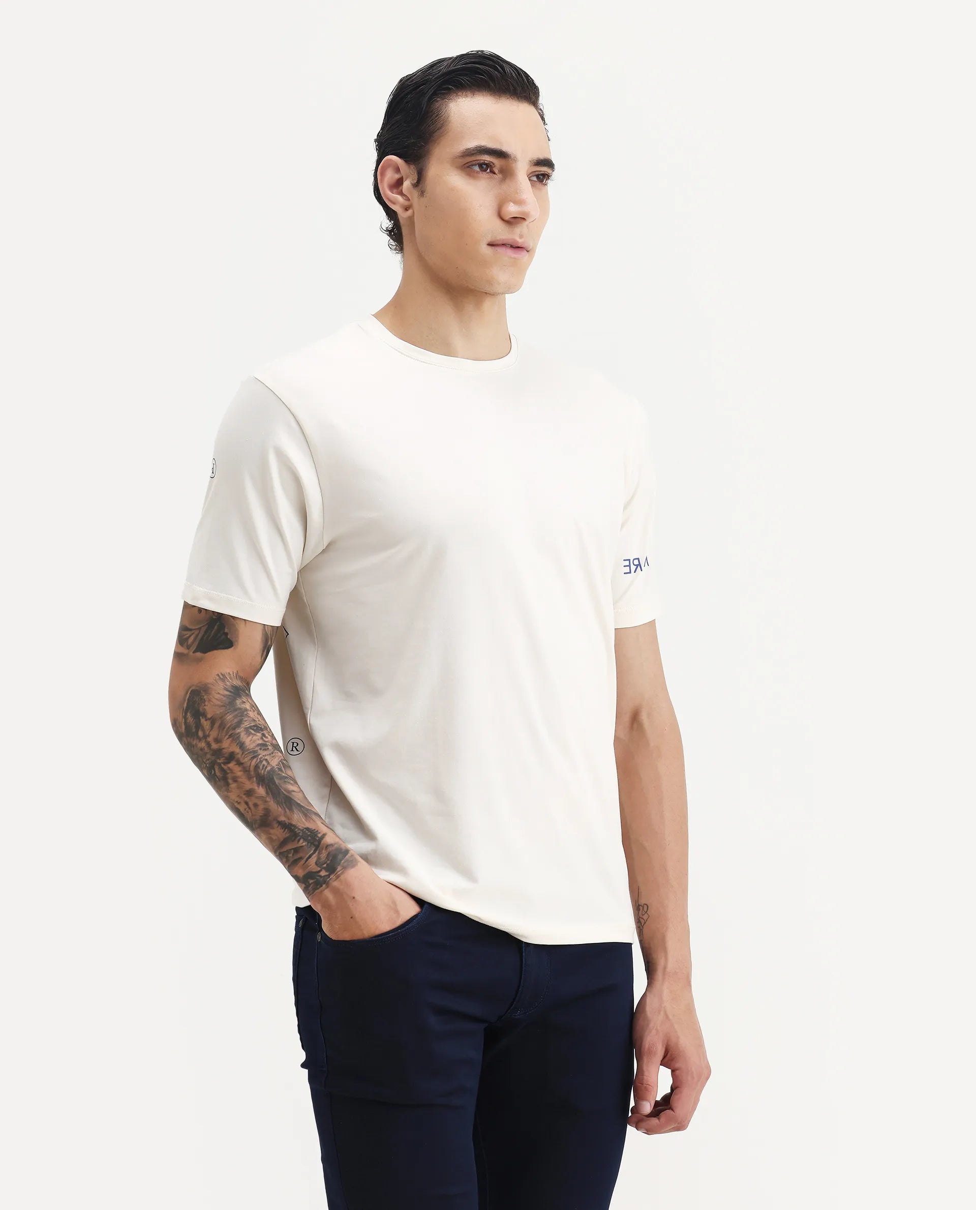 Rare Rabbit Men's Nomo Beige Cotton Blend Monogram Print Regular Fit Half Sleeve Crew Neck T-Shirt