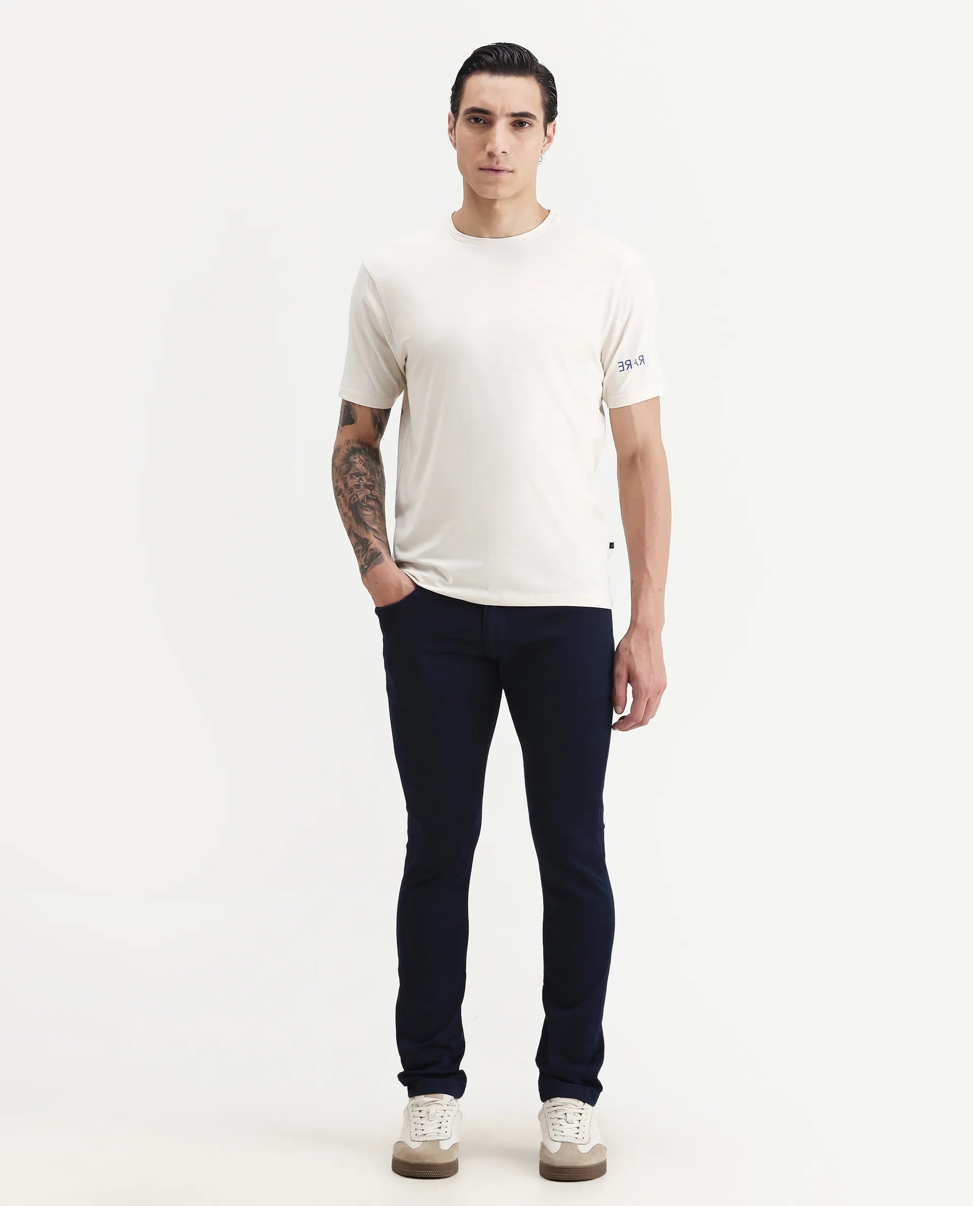 Rare Rabbit Men's Nomo Beige Cotton Blend Monogram Print Regular Fit Half Sleeve Crew Neck T-Shirt