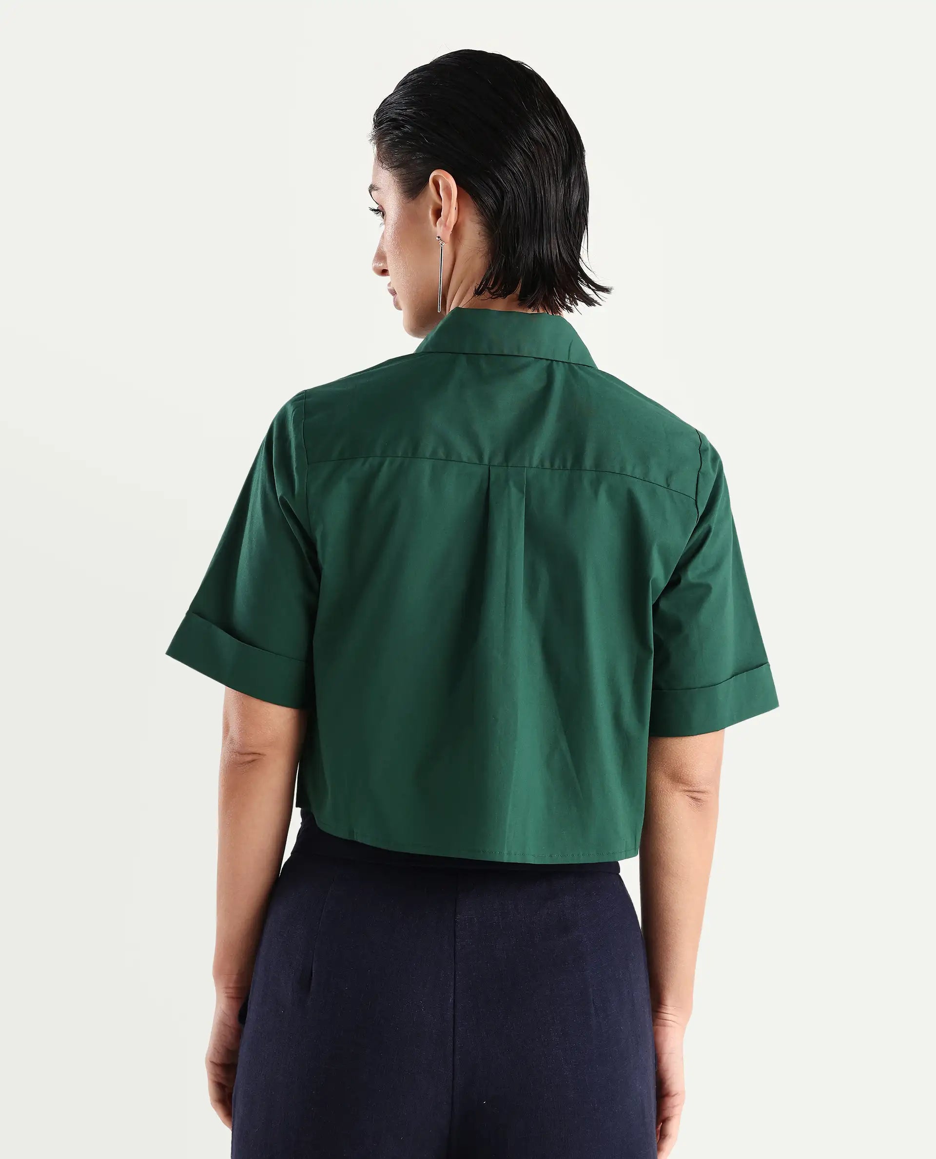 Rareism Women's Nomoli Dark Green Cotton Blend Drop Collar Plain Crop Boxy Fit Shirt