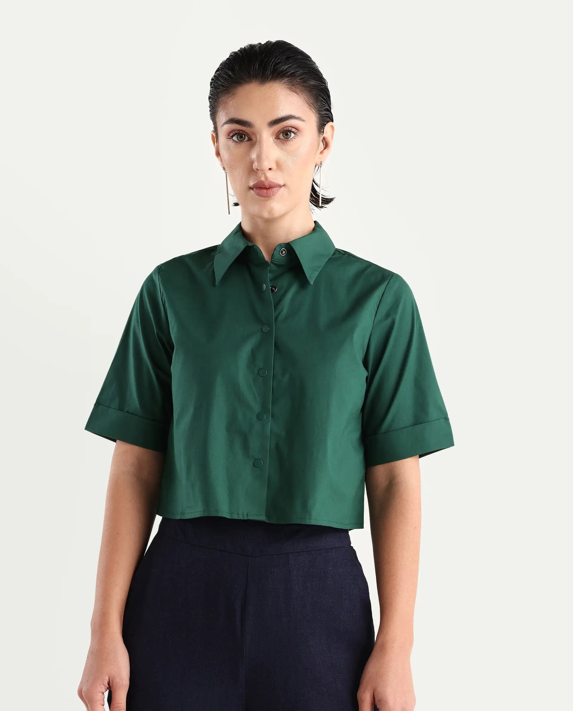Rareism Women's Nomoli Dark Green Cotton Blend Drop Collar Plain Crop Boxy Fit Shirt