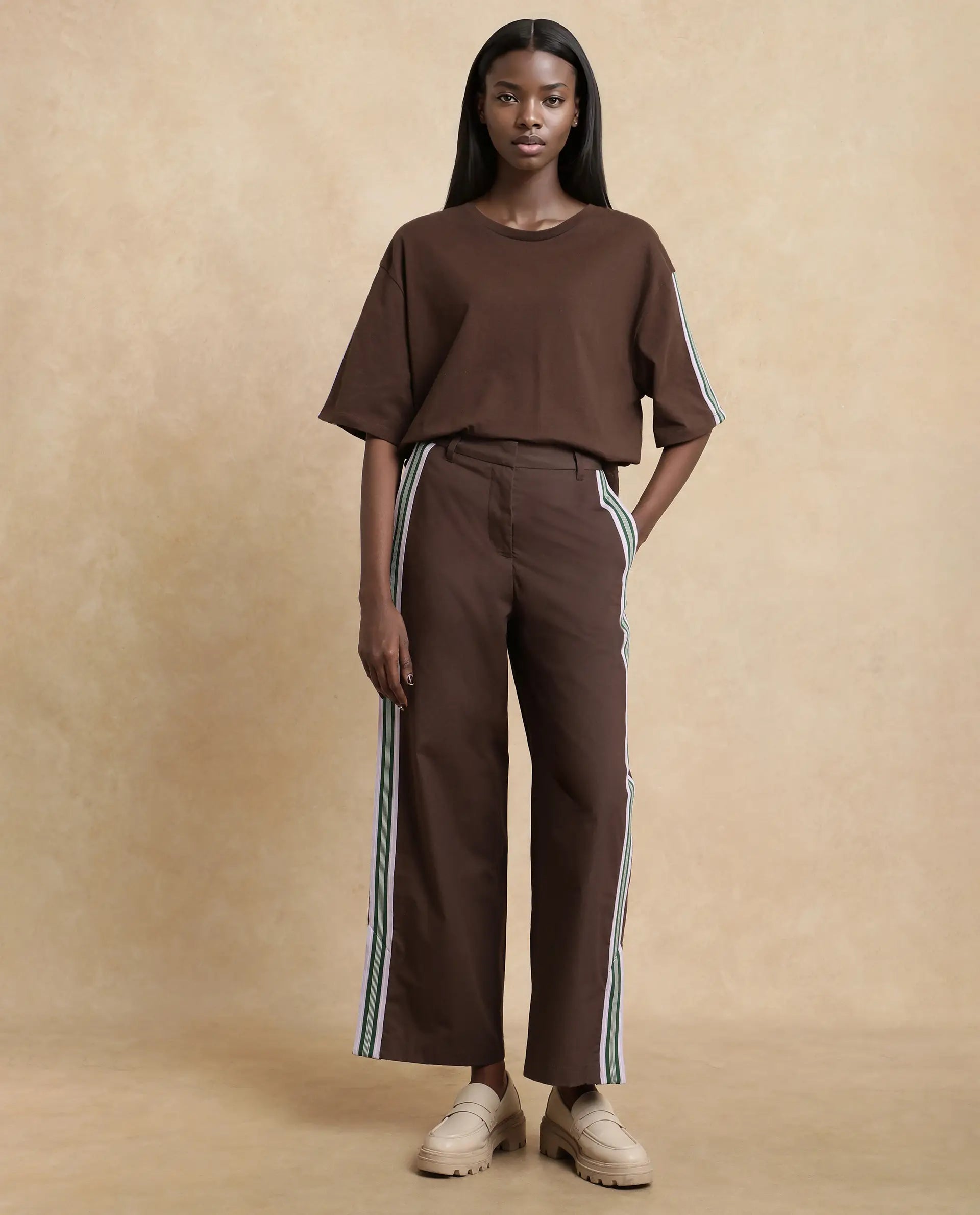 Rareism Women's Nonwen B Brown Cotton Plain Ankle Length Wide Trouser