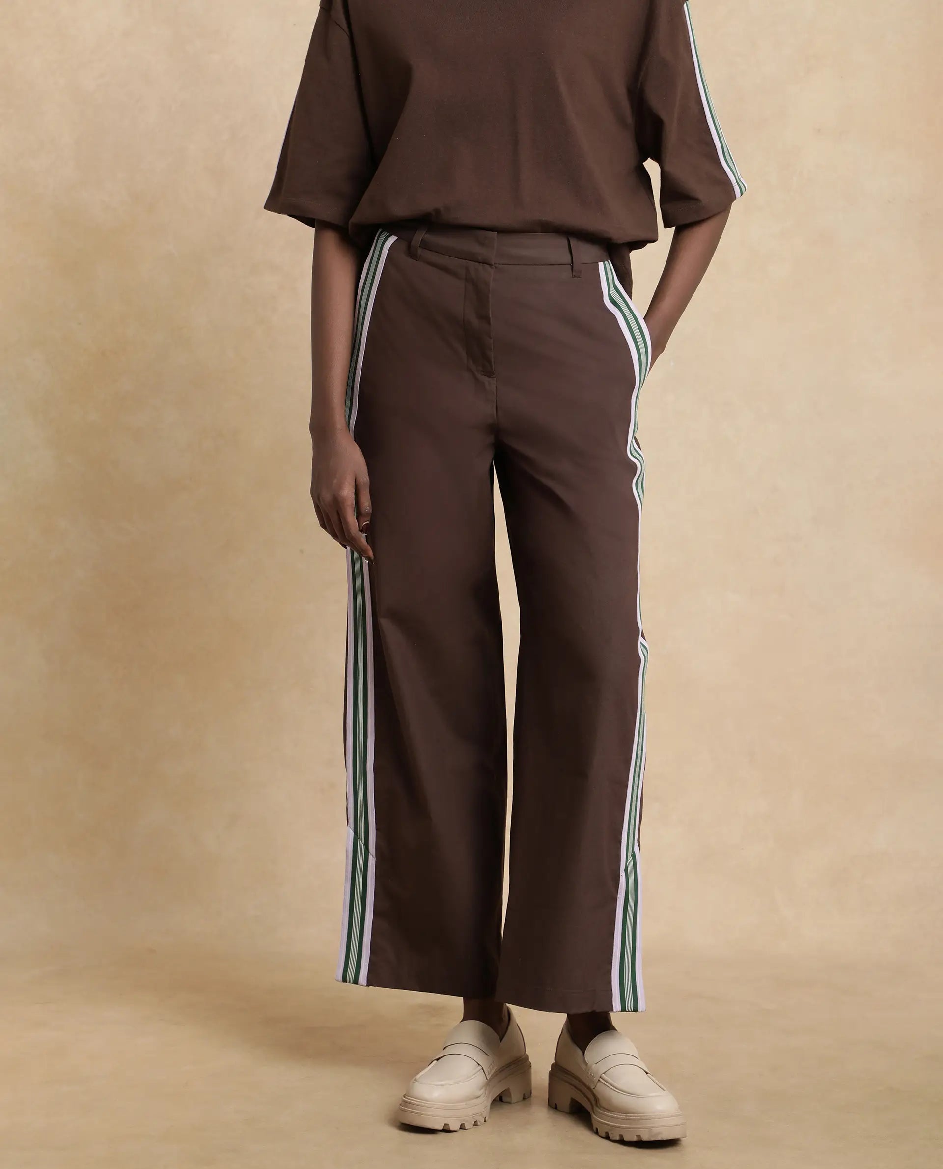 Rareism Women's Nonwen B Brown Cotton Plain Ankle Length Wide Trouser