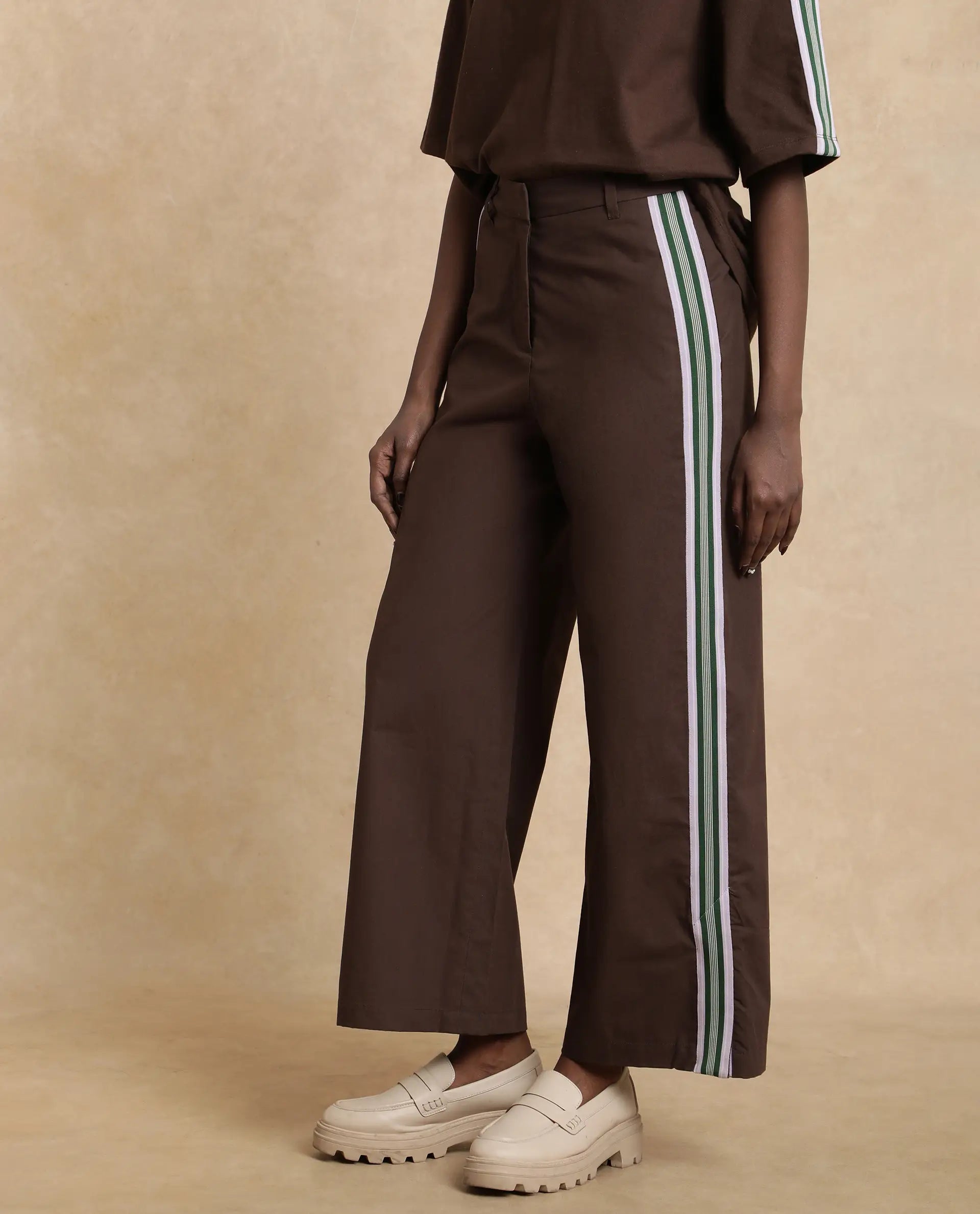 Rareism Women's Nonwen B Brown Cotton Plain Ankle Length Wide Trouser