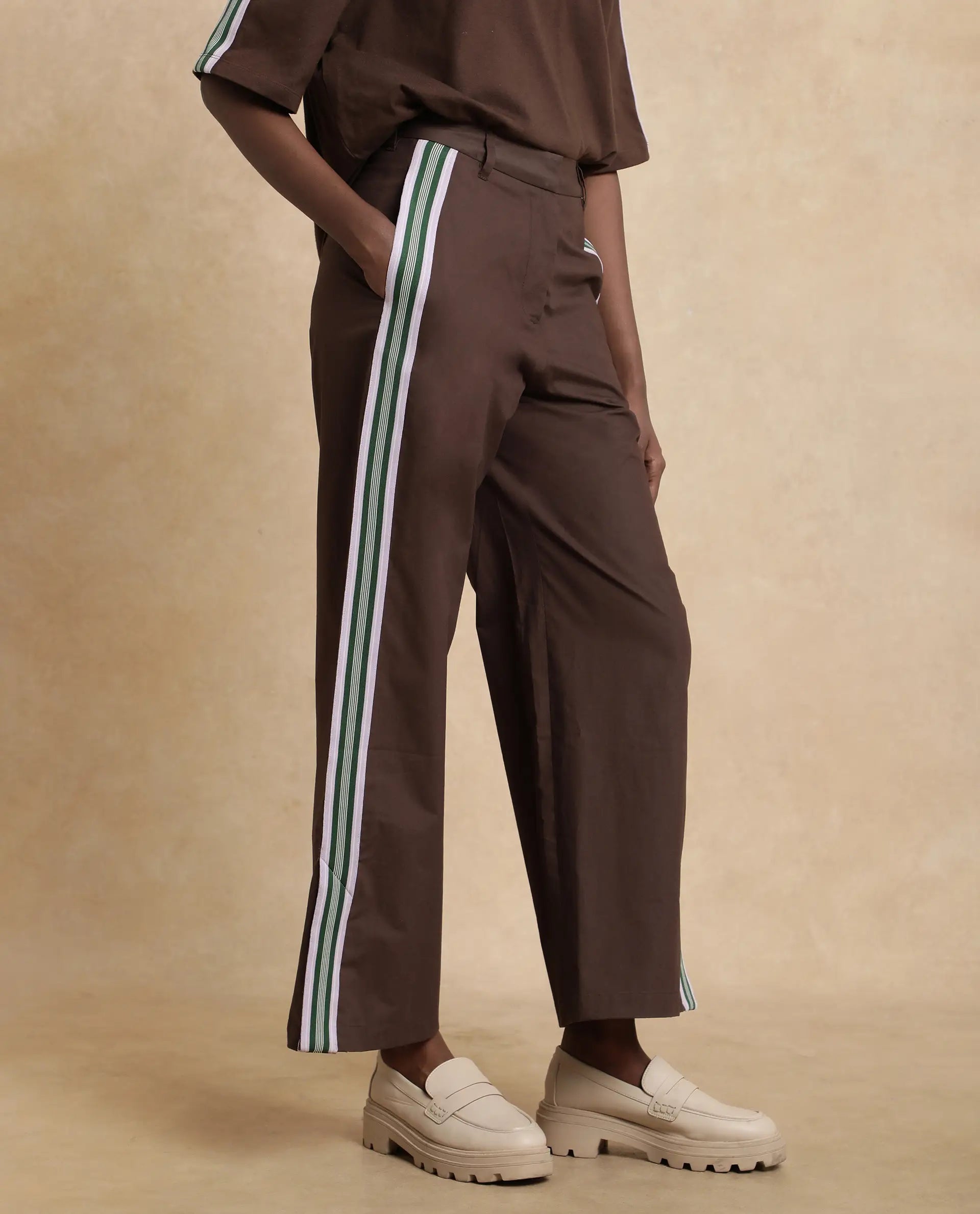 Rareism Women's Nonwen B Brown Cotton Plain Ankle Length Wide Trouser