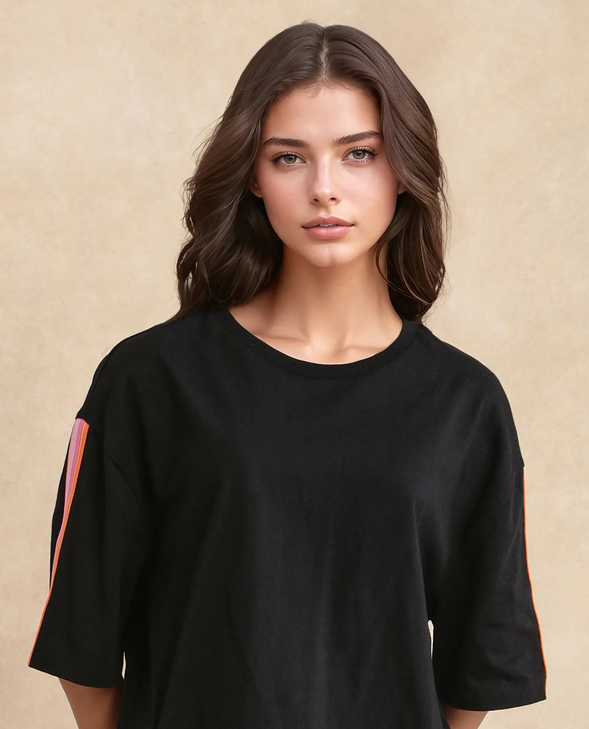 Rareism Women's Nonwen T Black Polyester Blend Crew Neck Striped Oversized T-Shirt