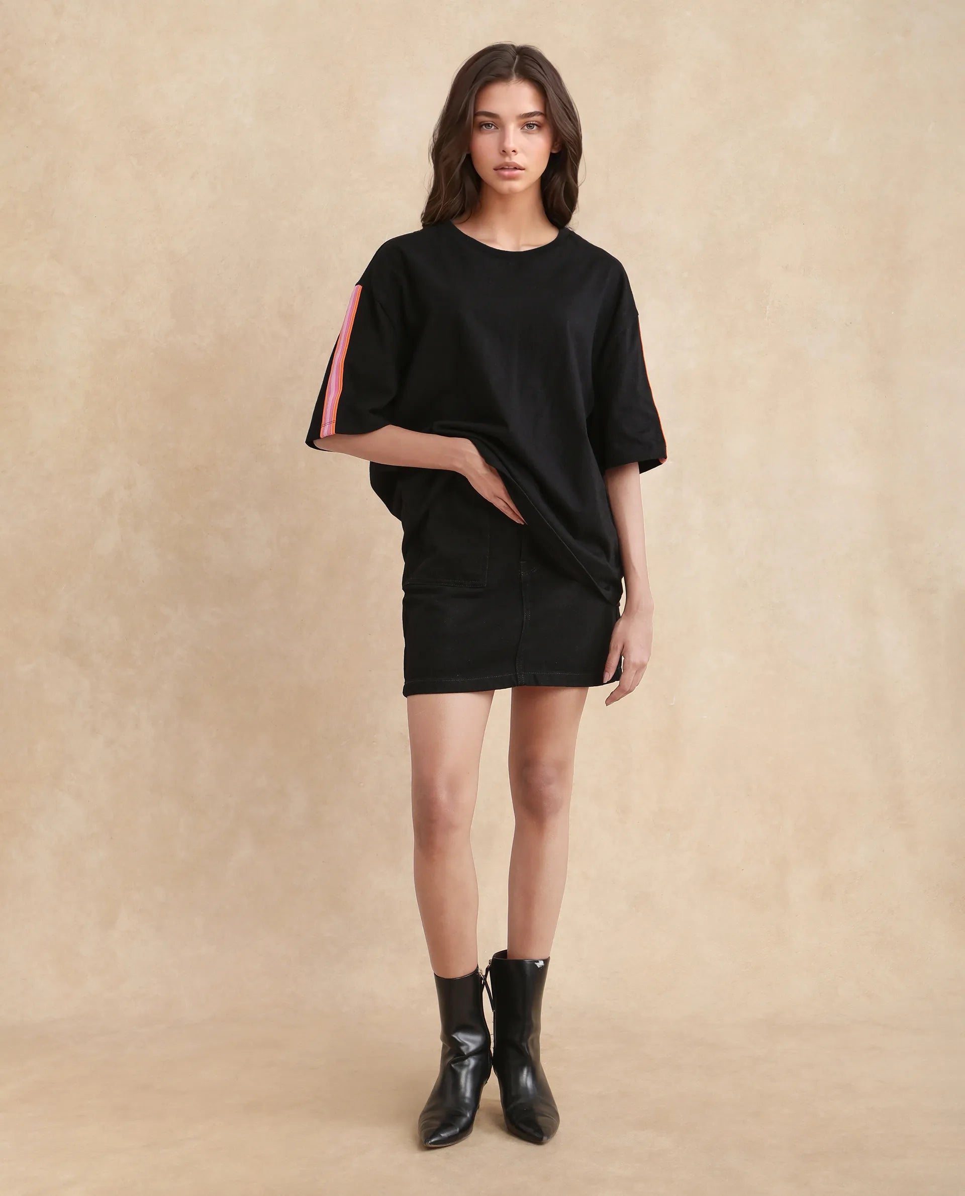 Rareism Women's Nonwen T Black Polyester Blend Crew Neck Striped Oversized T-Shirt