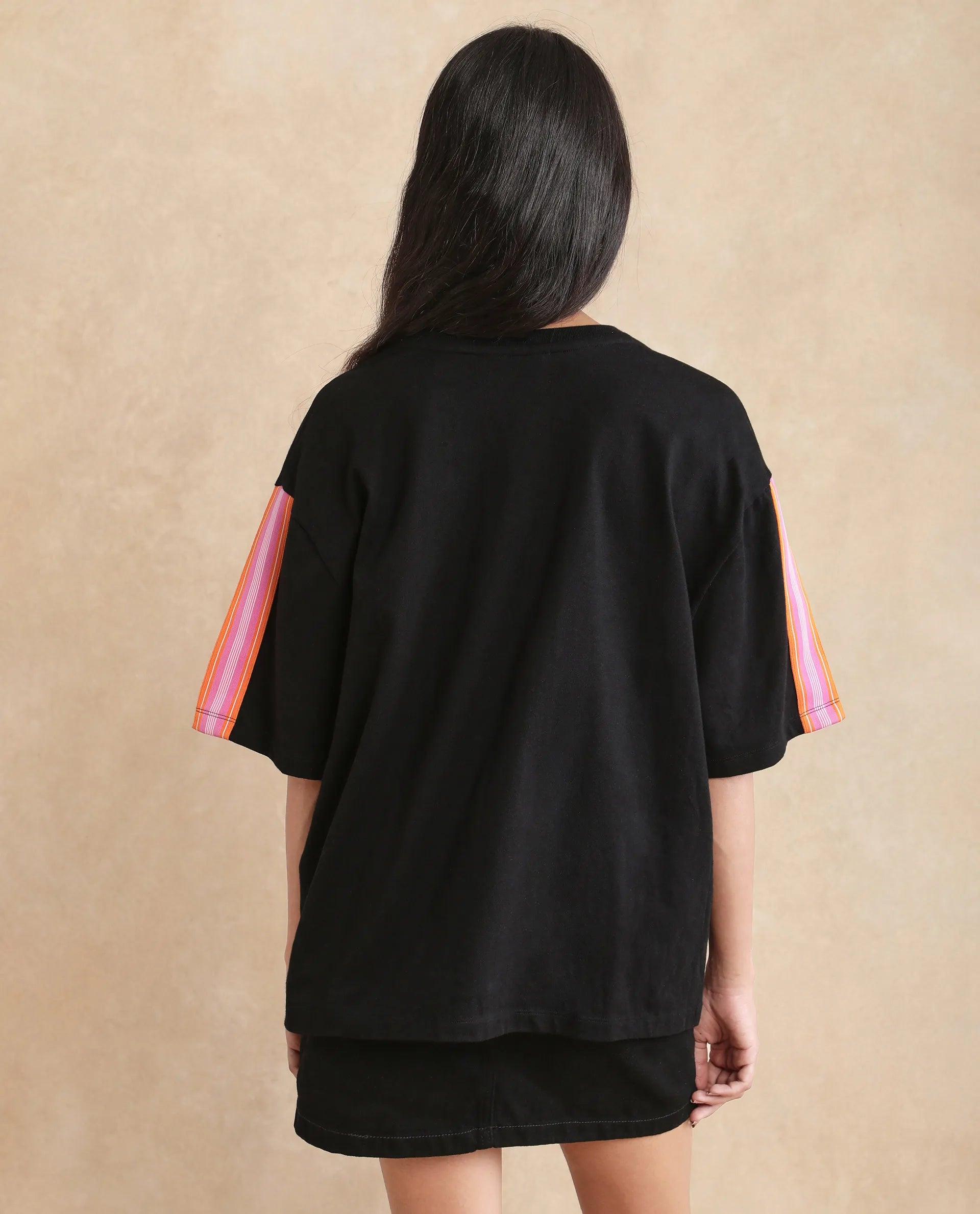 Rareism Women's Nonwen T Black Polyester Blend Crew Neck Striped Oversized T-Shirt