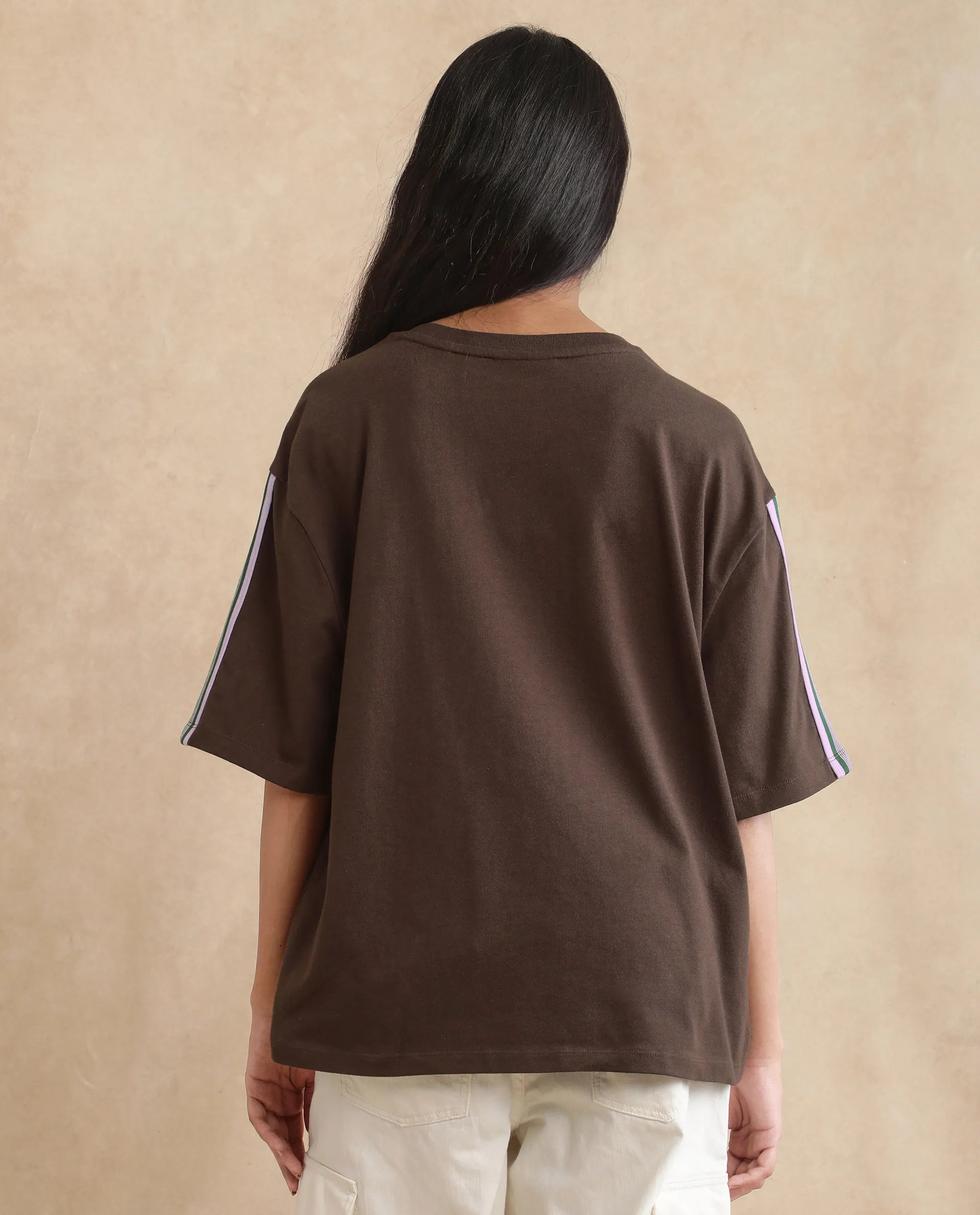 Rareism Women's Nonwen T Brown Polyester Blend Crew Neck Striped Oversized T-Shirt