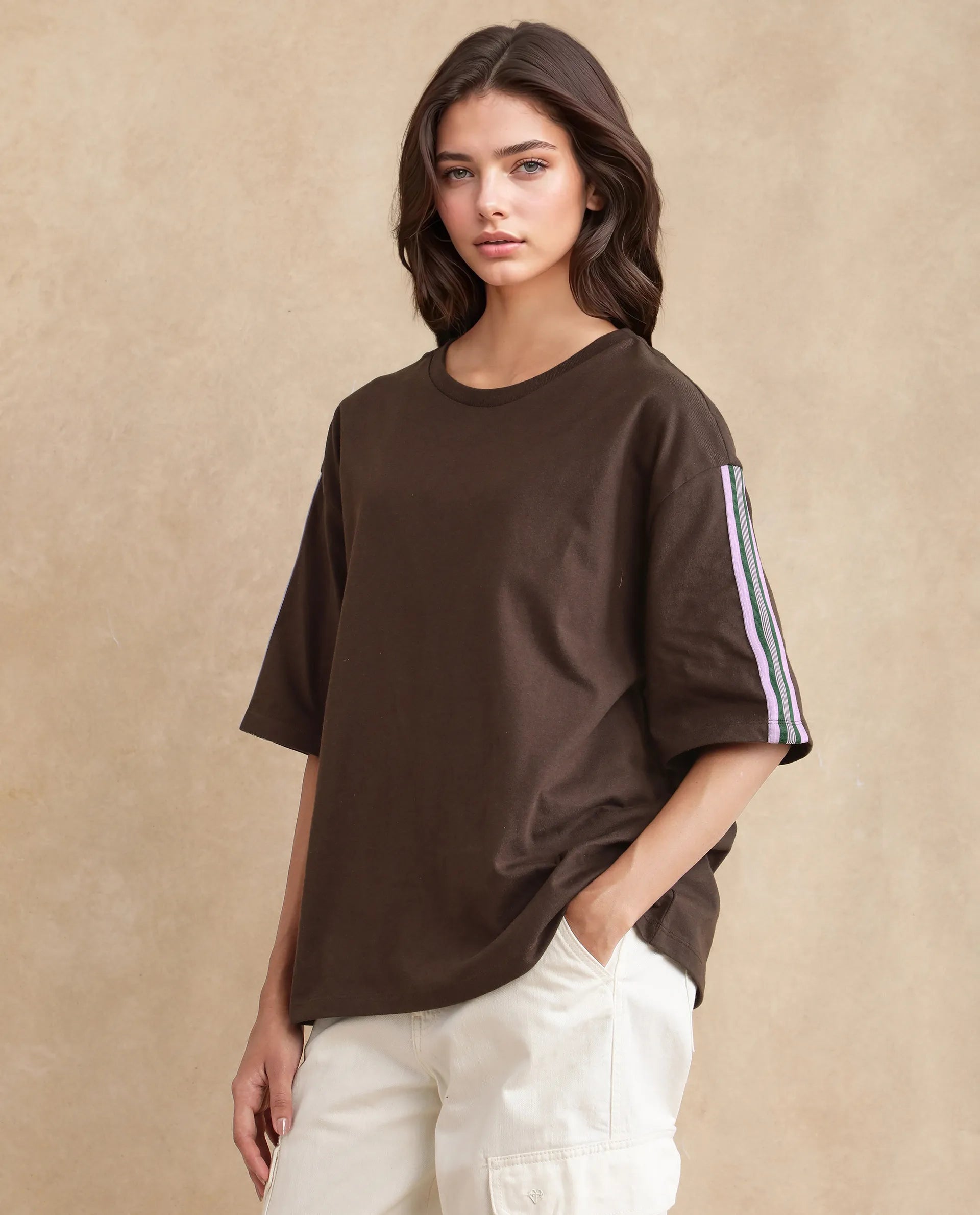 Rareism Women's Nonwen T Brown Polyester Blend Crew Neck Striped Oversized T-Shirt