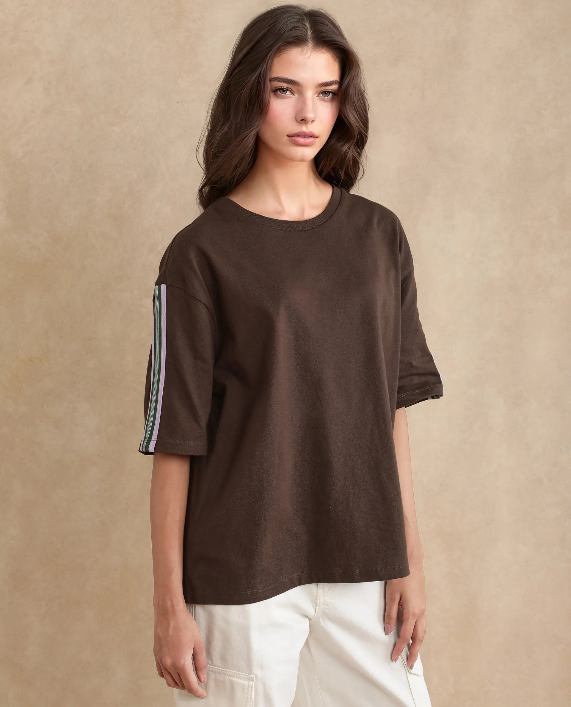 Rareism Women's Nonwen T Brown Polyester Blend Crew Neck Striped Oversized T-Shirt