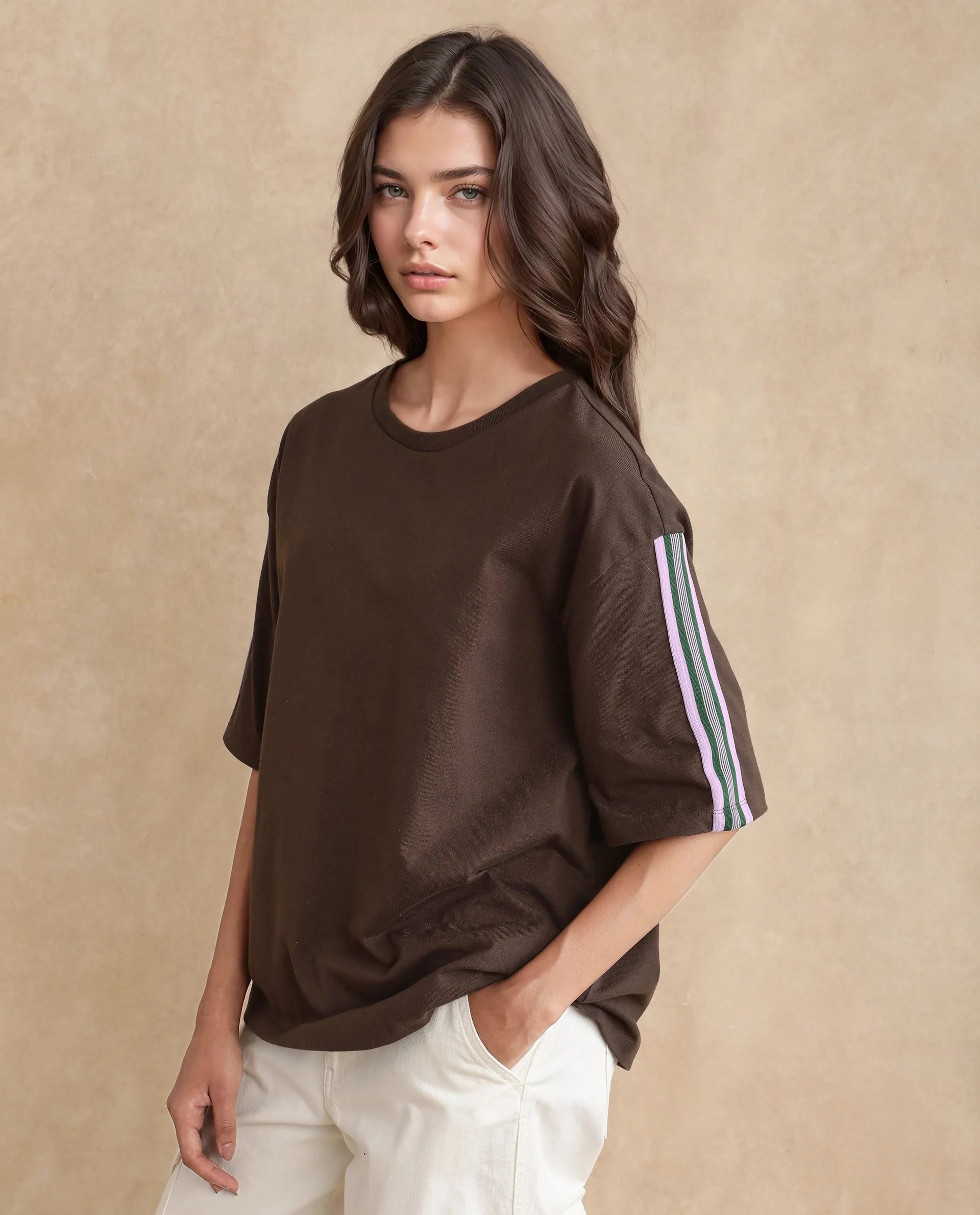 Rareism Women's Nonwen T Brown Polyester Blend Crew Neck Striped Oversized T-Shirt