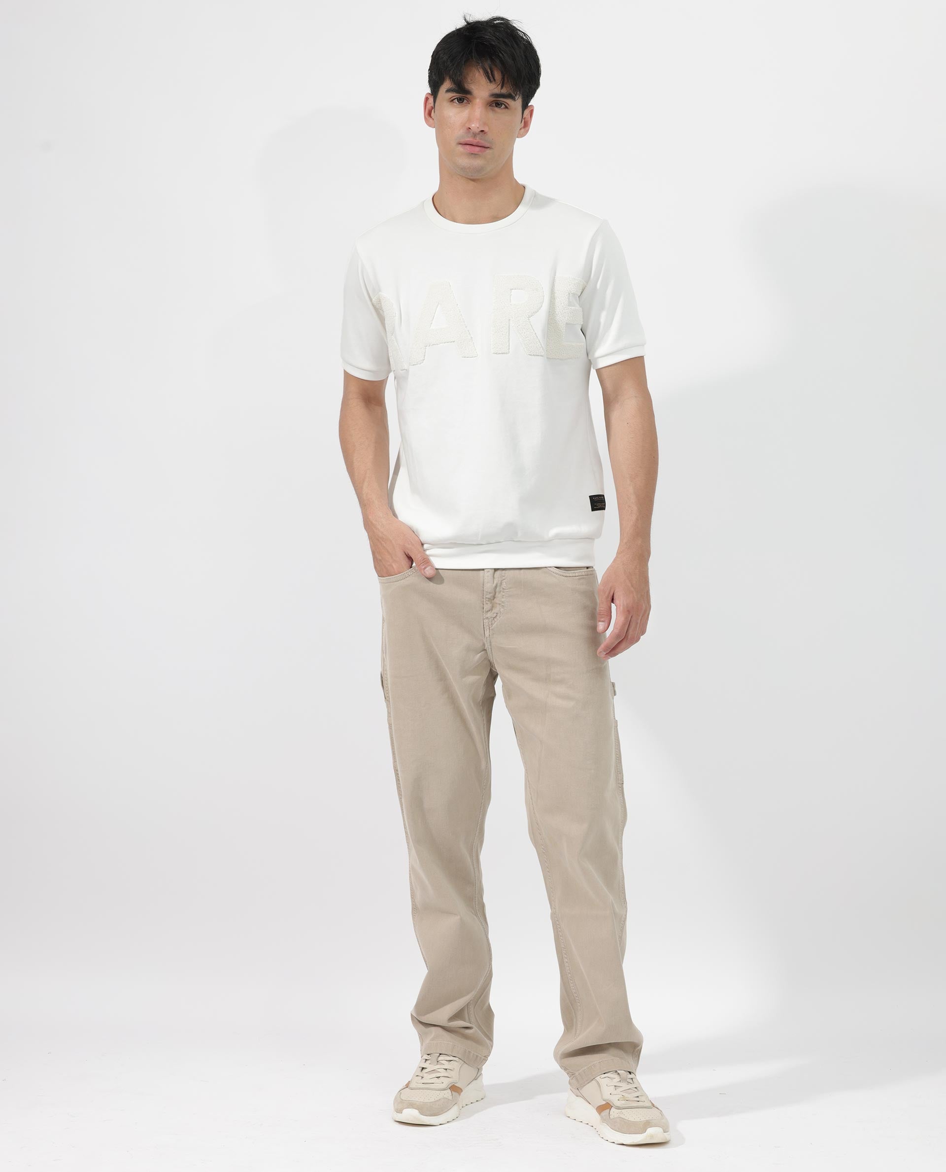 Rare Rabbit Men's Nor-2 Off White Cotton Fabric Half Sleeves Towel Embroidered Oversized T-Shirt