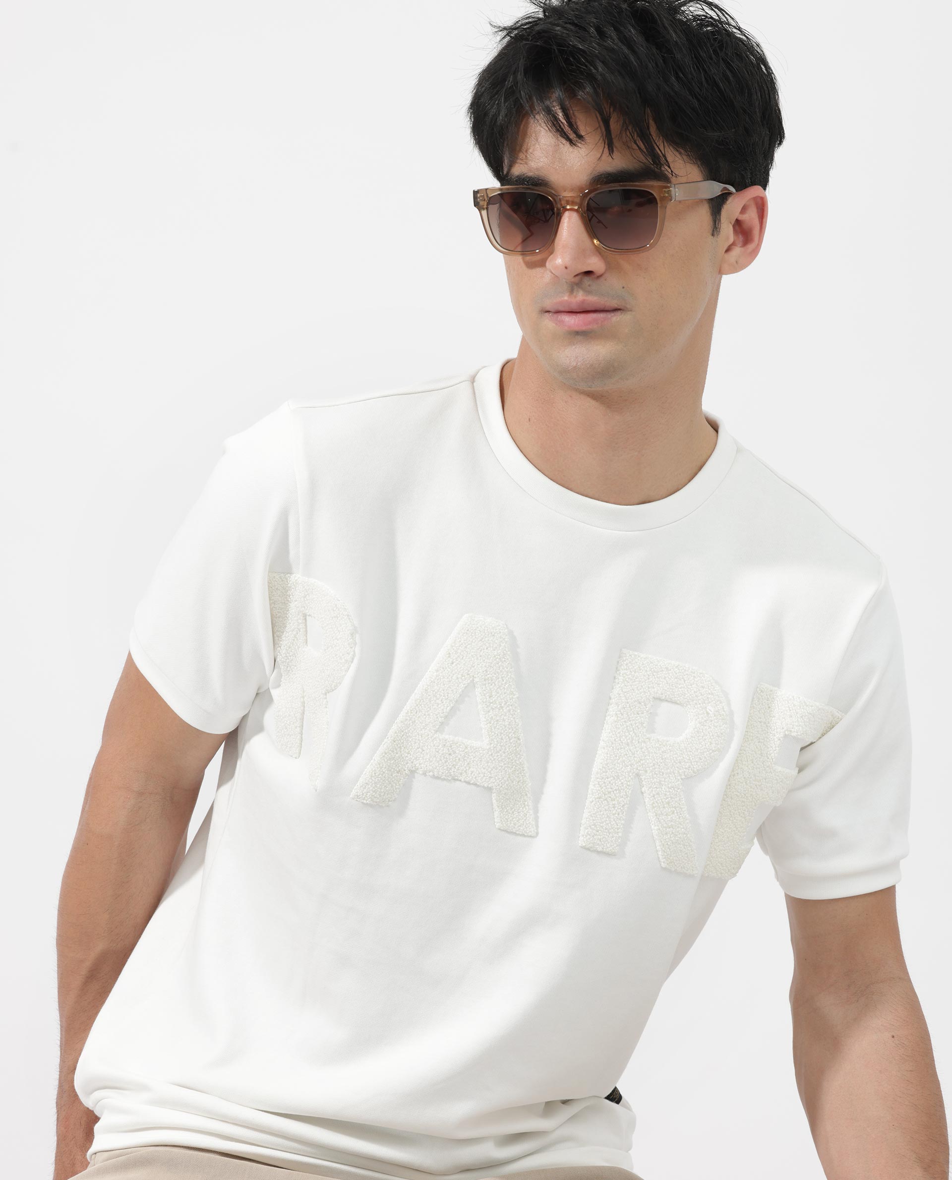 Rare Rabbit Men's Nor-2 Off White Cotton Fabric Half Sleeves Towel Embroidered Oversized T-Shirt