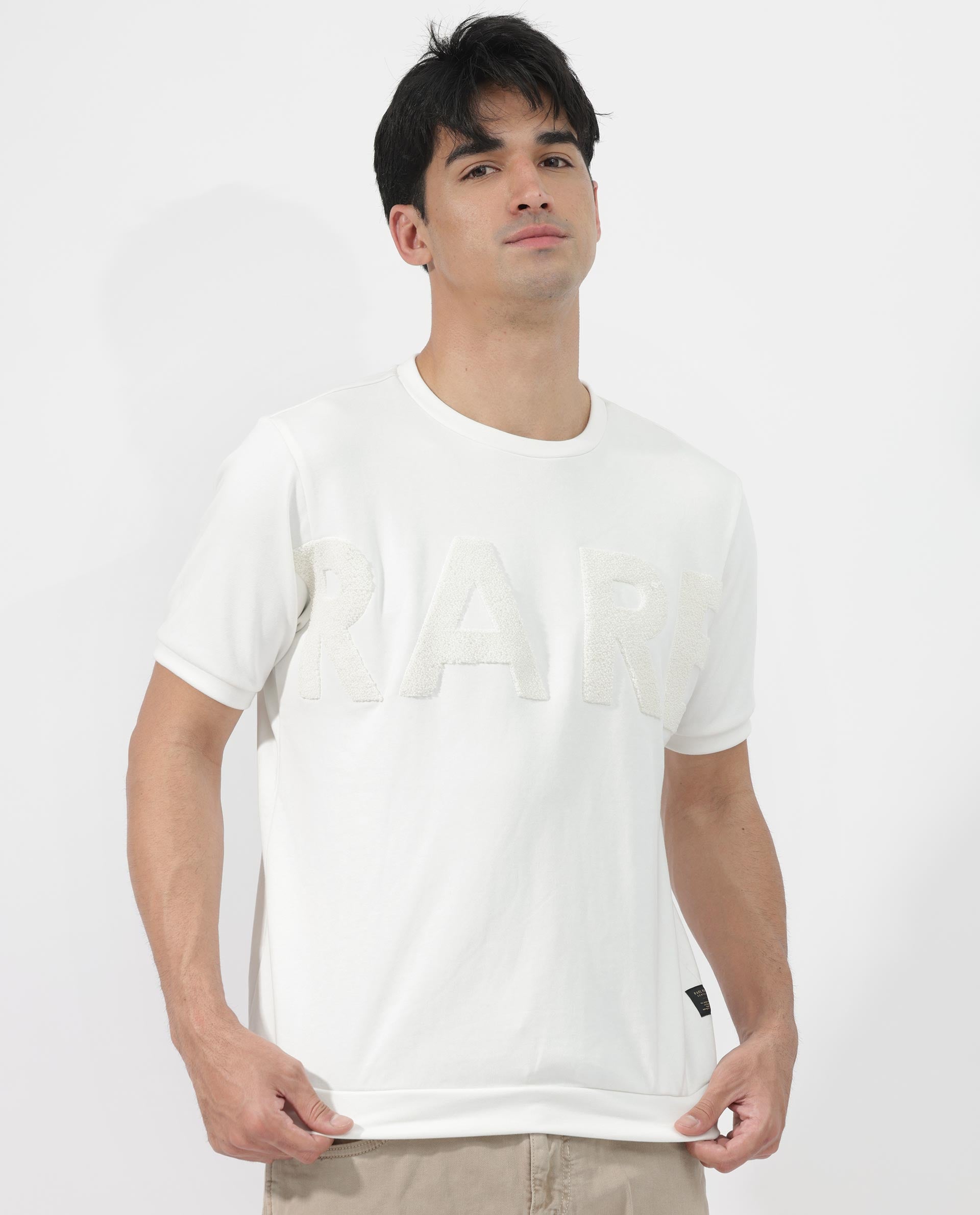 Rare Rabbit Men's Nor-2 Off White Cotton Fabric Half Sleeves Towel Embroidered Oversized T-Shirt